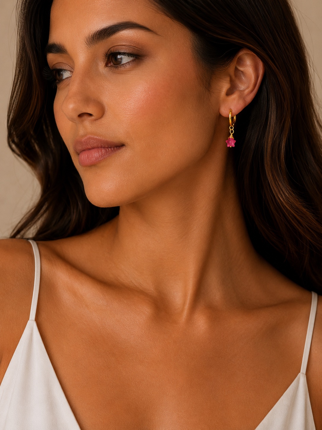 Gold Filled Huggie Earrings With Pink Chalcedony Star Gemstones - thumbnail 2 of 2