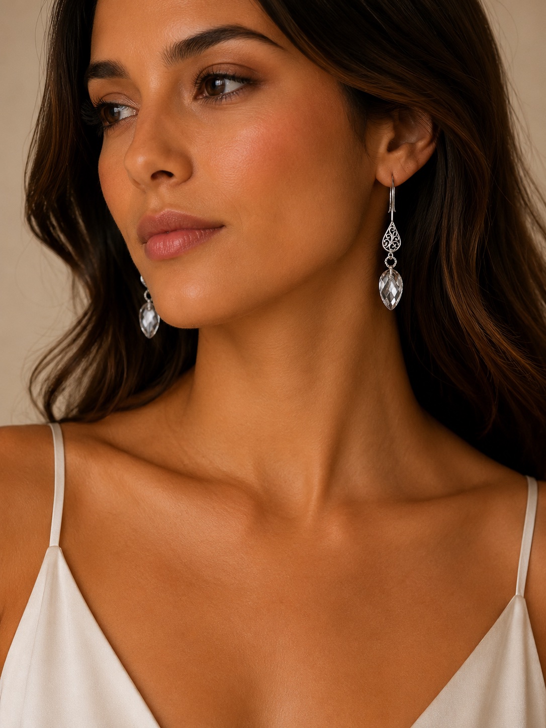 925 Sterling Silver Vintage Inspired Hook Earrings with Crystal Quartz Dangles - thumbnail 2 of 2