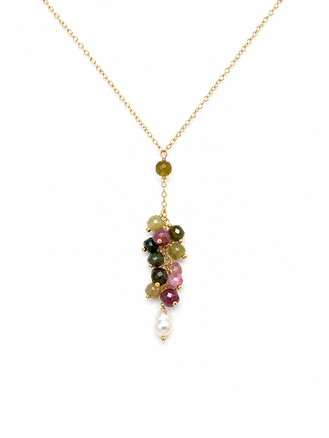 Mixed Tourmaline & Freshwater Pearl Gold Filled Necklace 