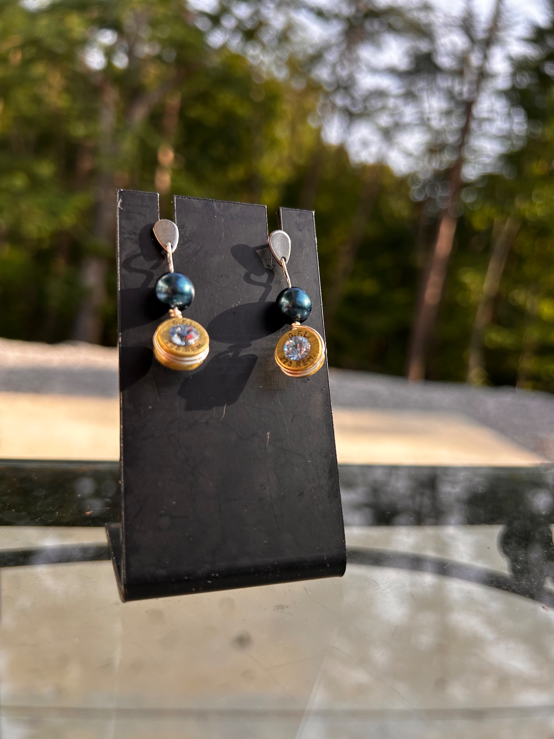Silver Plated Dangle Bullet Casing Earrings with Swarovski Crystal