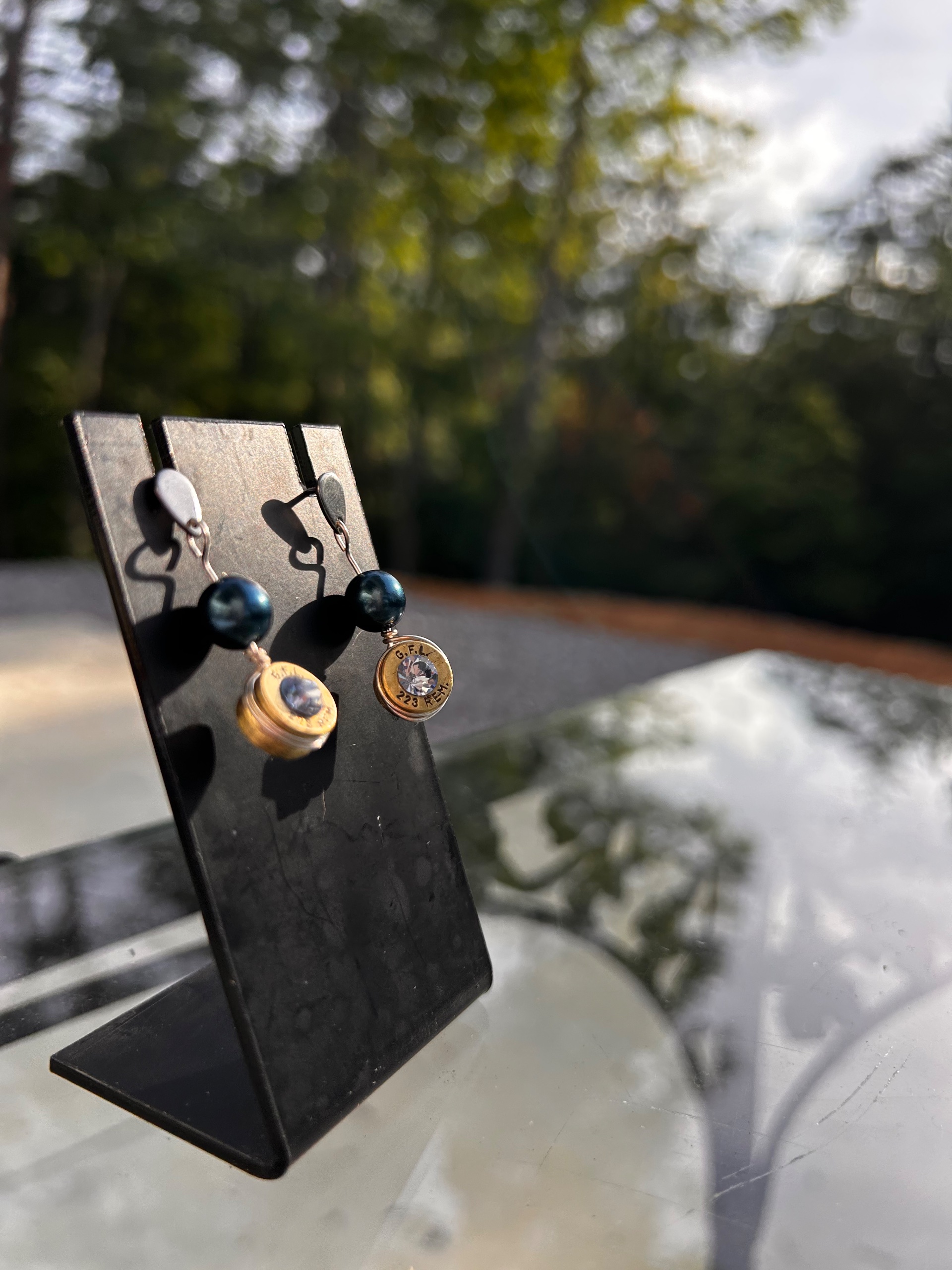 Silver Plated Dangle Bullet Casing Earrings with Swarovski Crystal - thumbnail 2 of 7