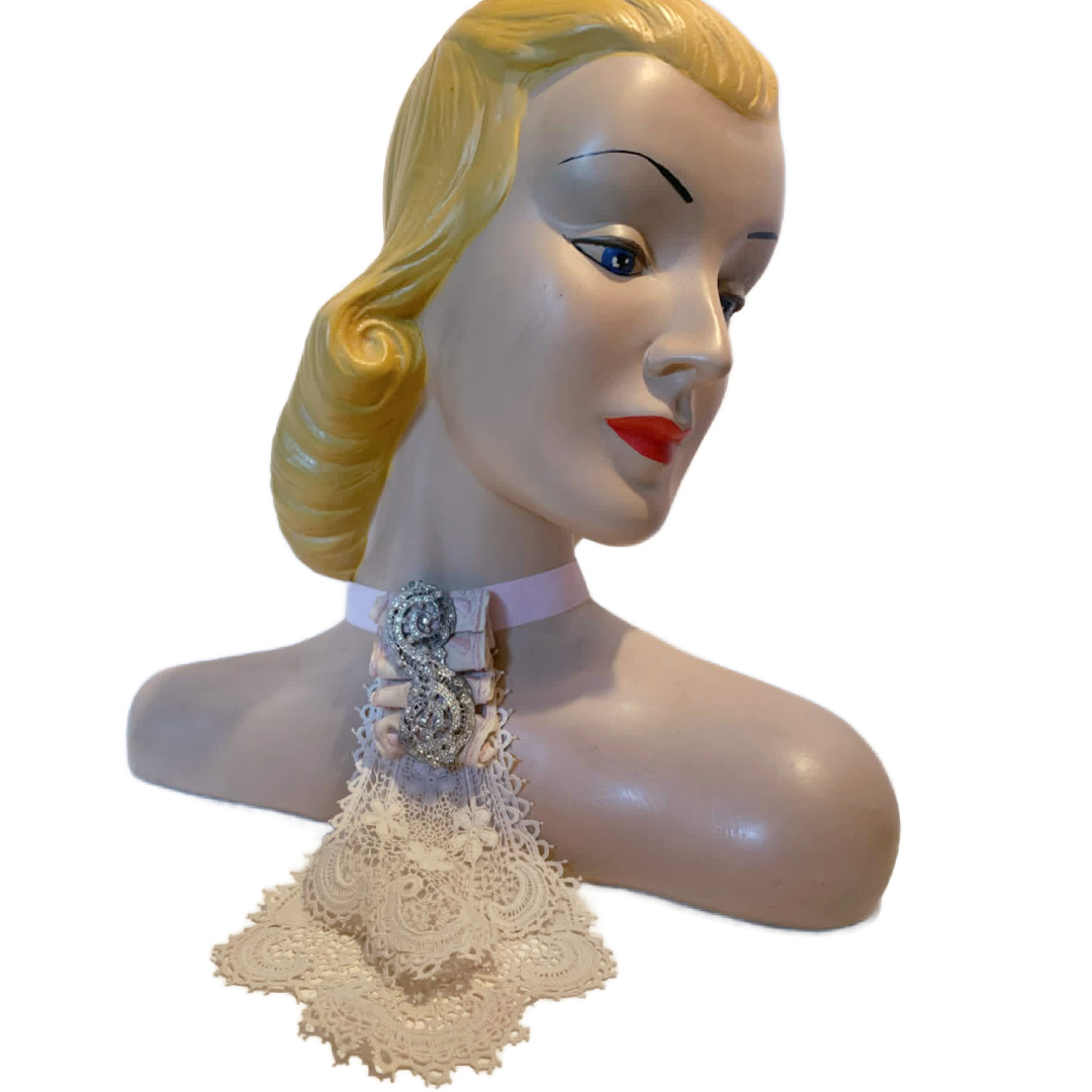 Blush- the Reimagined Antique Lace Cravat Choker with Vintage Rhinestones and Ribbon - thumbnail 3 of 3