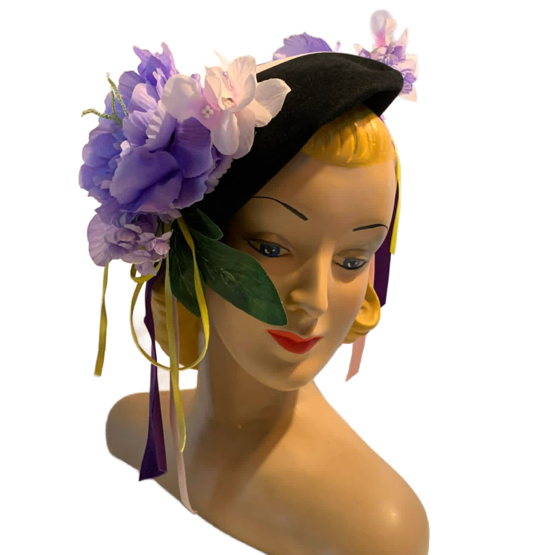 Bruise Violet- 1940s Reimagined Purple Peony Tilt Hat Velvet Ribbons O/S - thumbnail 2 of 4