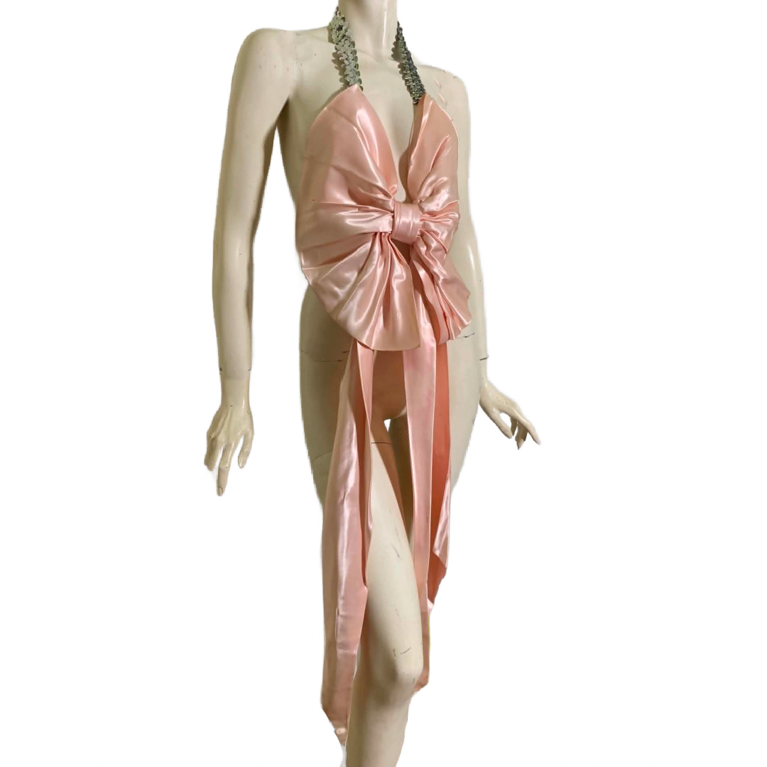 Material Girl- the Reimagined Pink Slipper Satin Bow Halter Top with Sequins - thumbnail 2 of 5