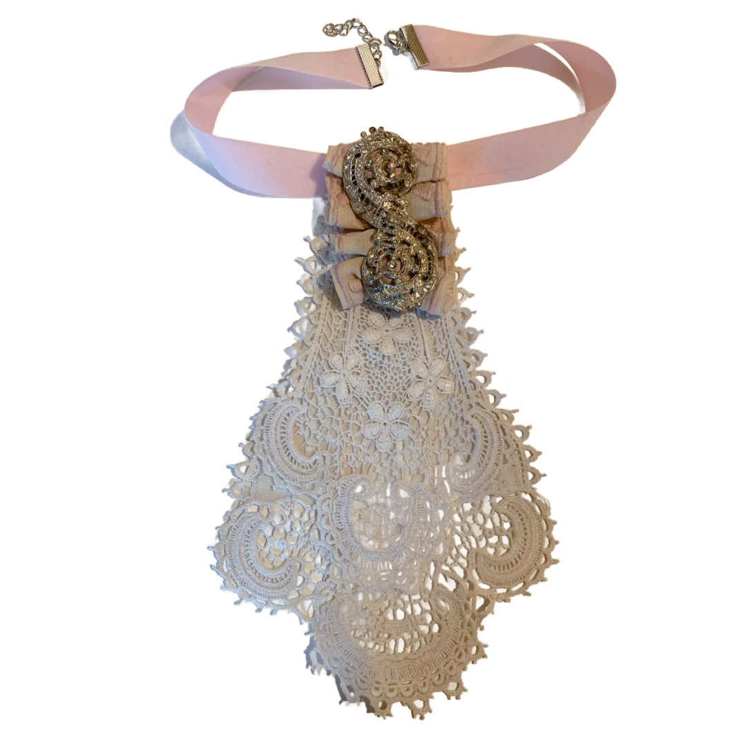 Blush- the Reimagined Antique Lace Cravat Choker with Vintage Rhinestones and Ribbon - thumbnail 2 of 3