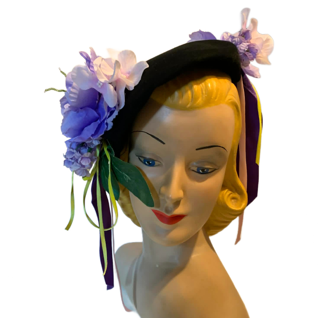 Bruise Violet- 1940s Reimagined Purple Peony Tilt Hat Velvet Ribbons O/S