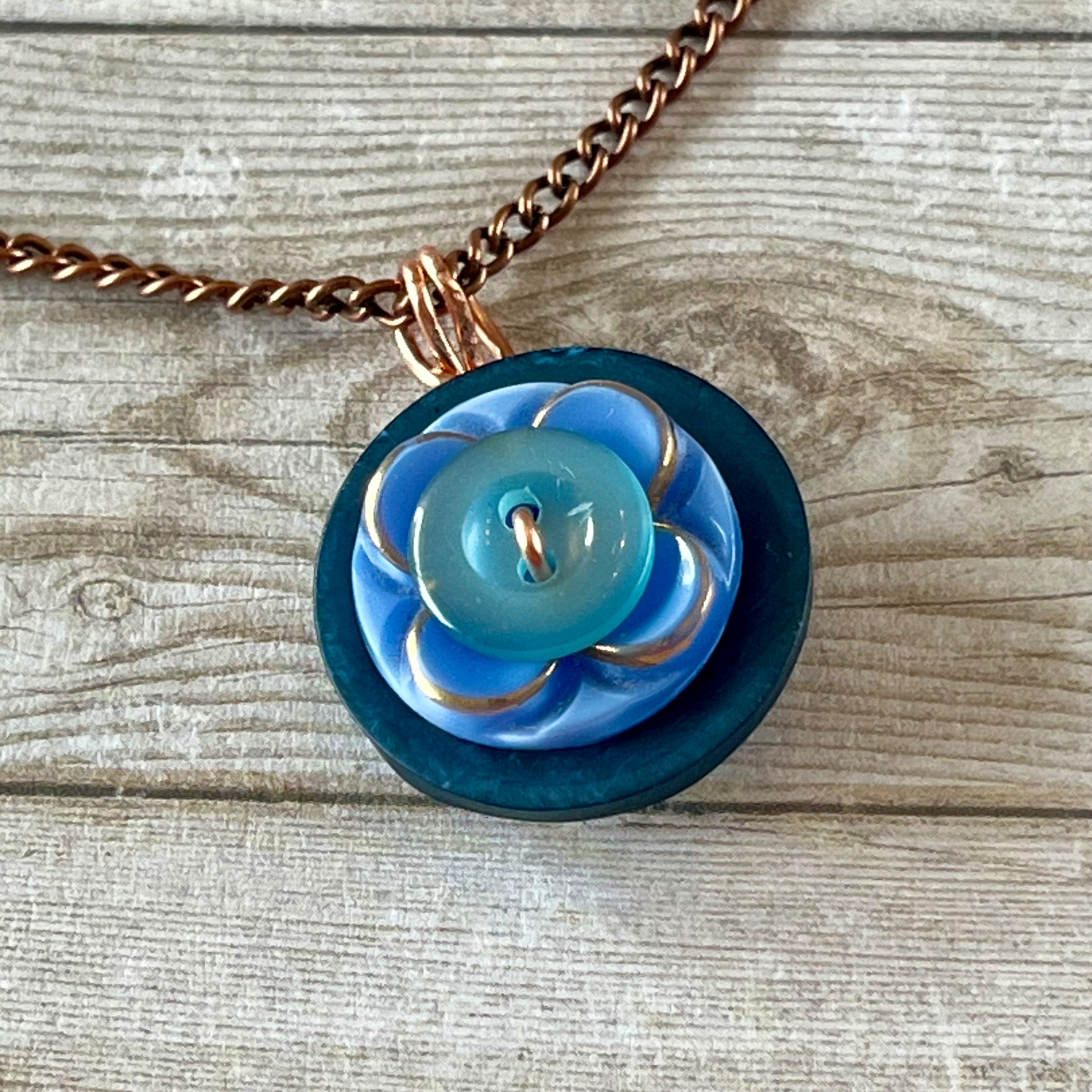 Blue Stacked Vintage Button Pendant Necklace