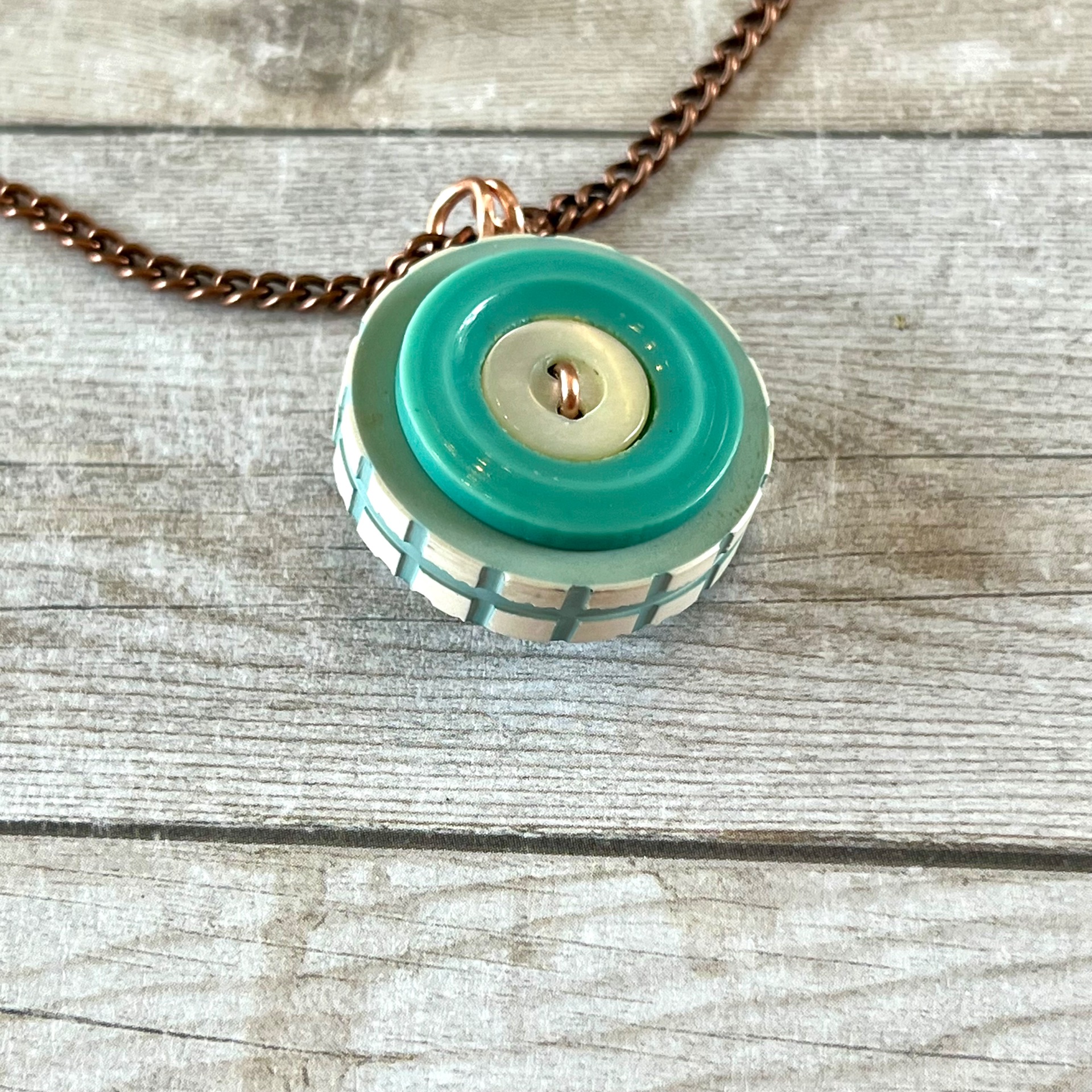 Aqua and White Stacked Button Pendant Necklace