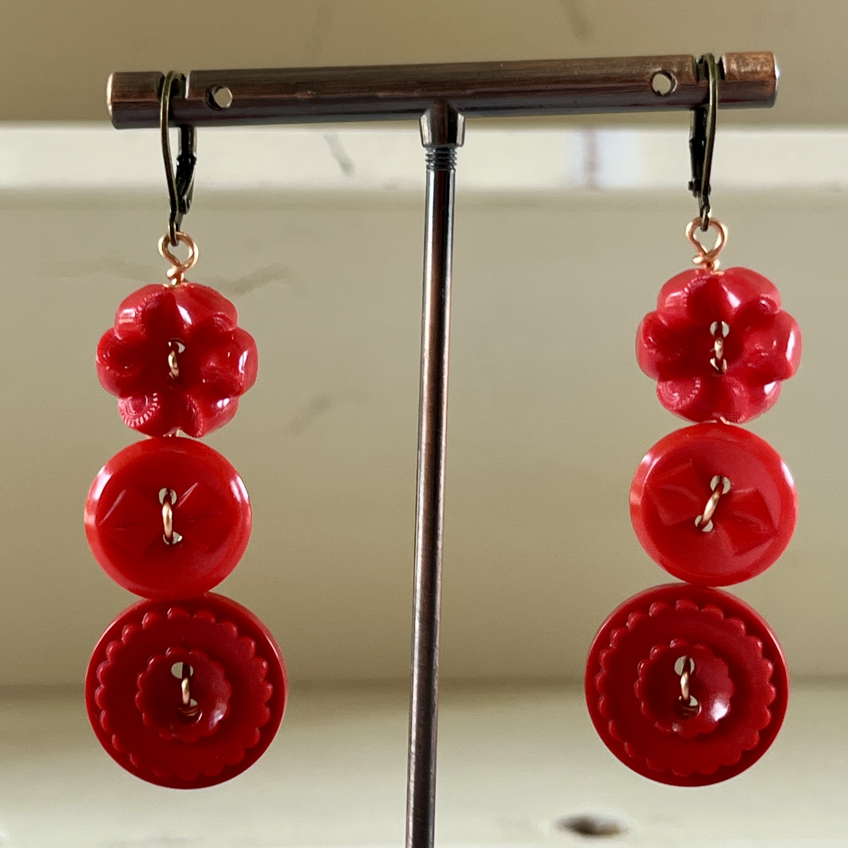 Red Dangle Vintage Button Earrings  - thumbnail 2 of 6