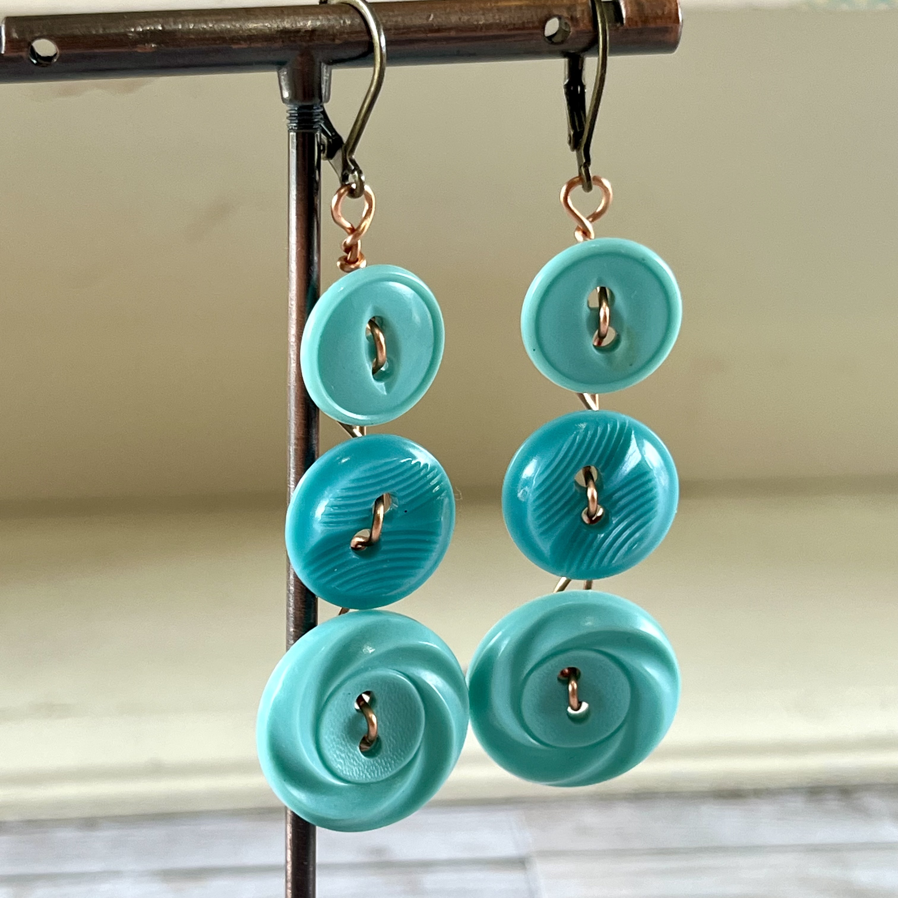 Aqua Dangle Vintage Button Earrings 