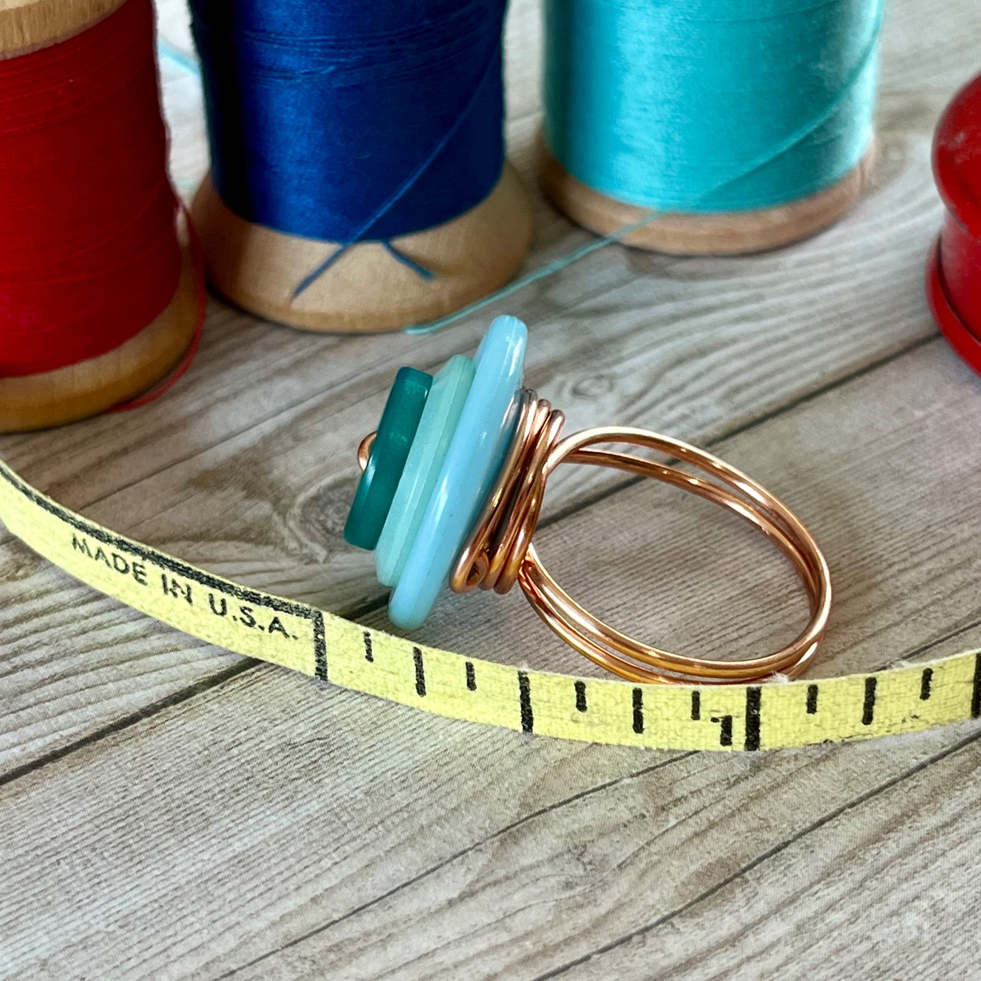 Aqua Stacked Vintage Button Ring Size 7 custom sizing available  - thumbnail 4 of 8