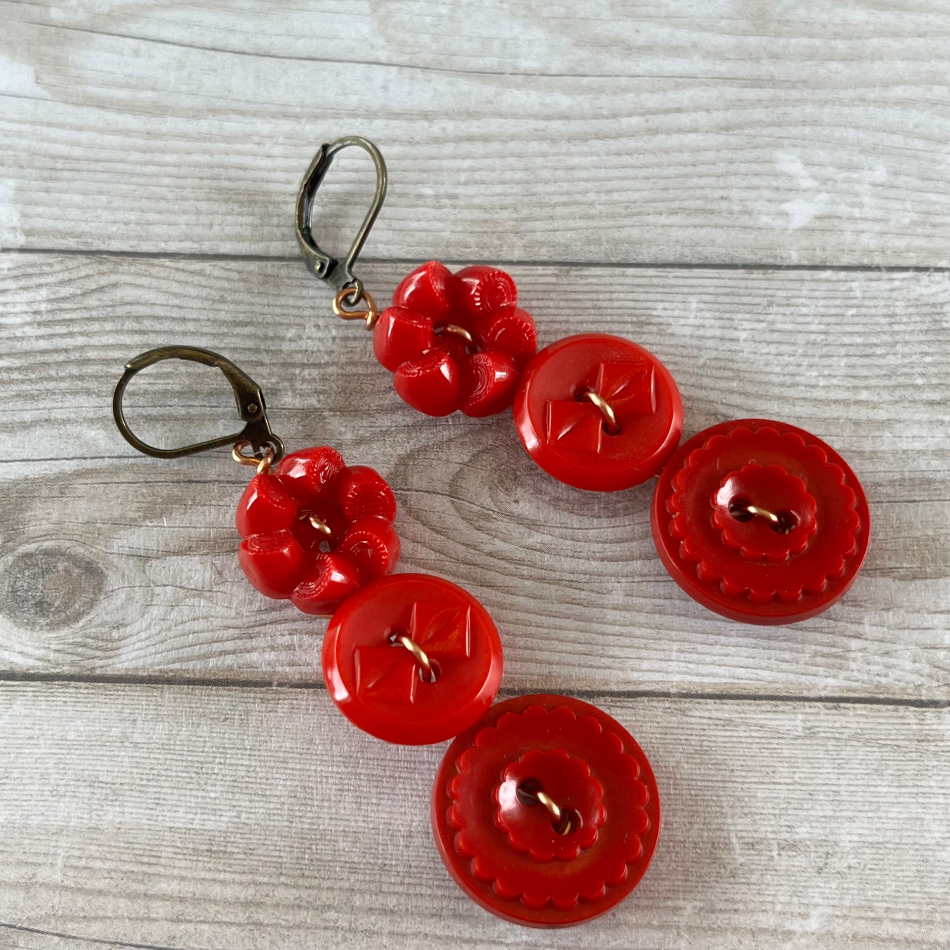 Red Dangle Vintage Button Earrings  - thumbnail 3 of 6