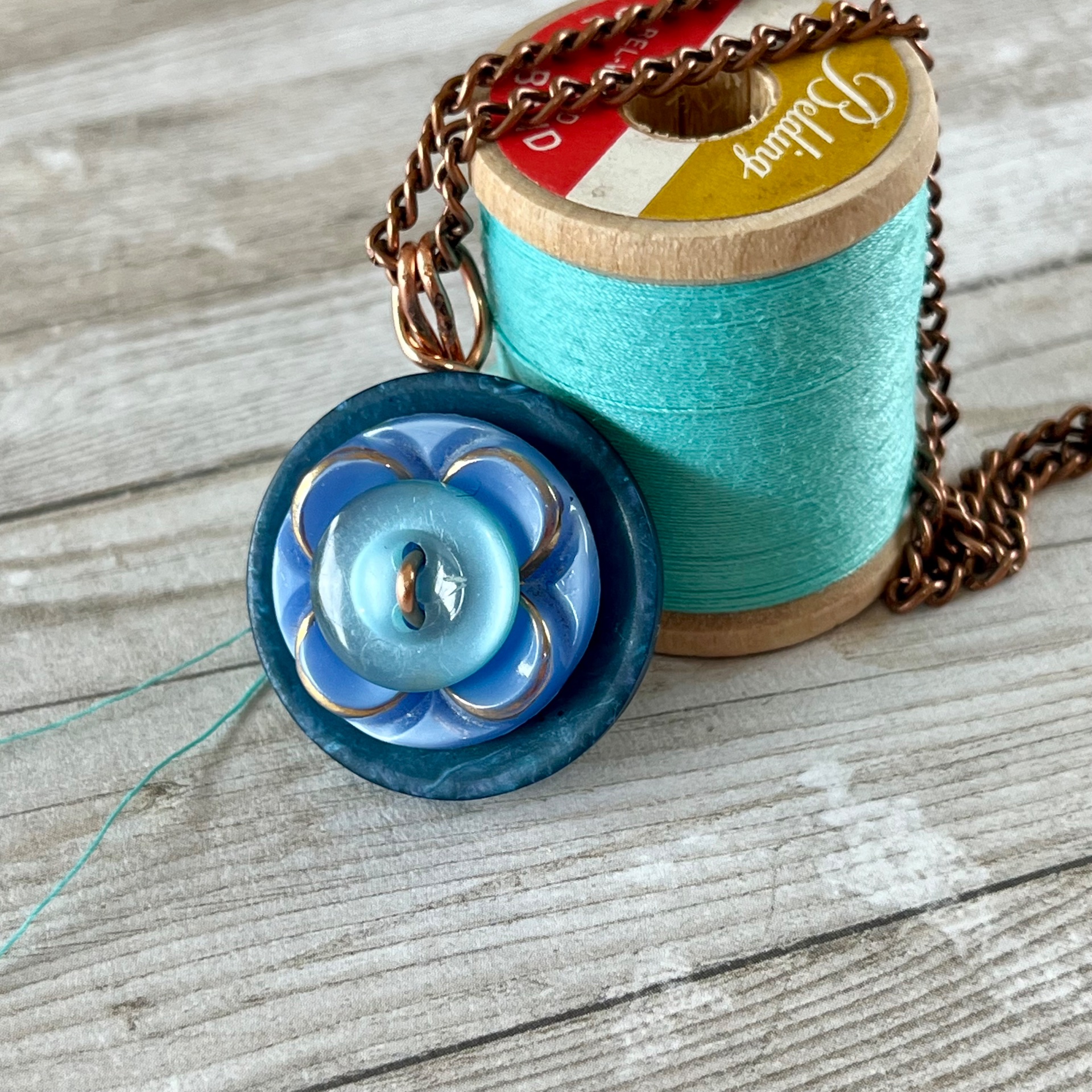Blue Stacked Vintage Button Pendant Necklace - thumbnail 3 of 6