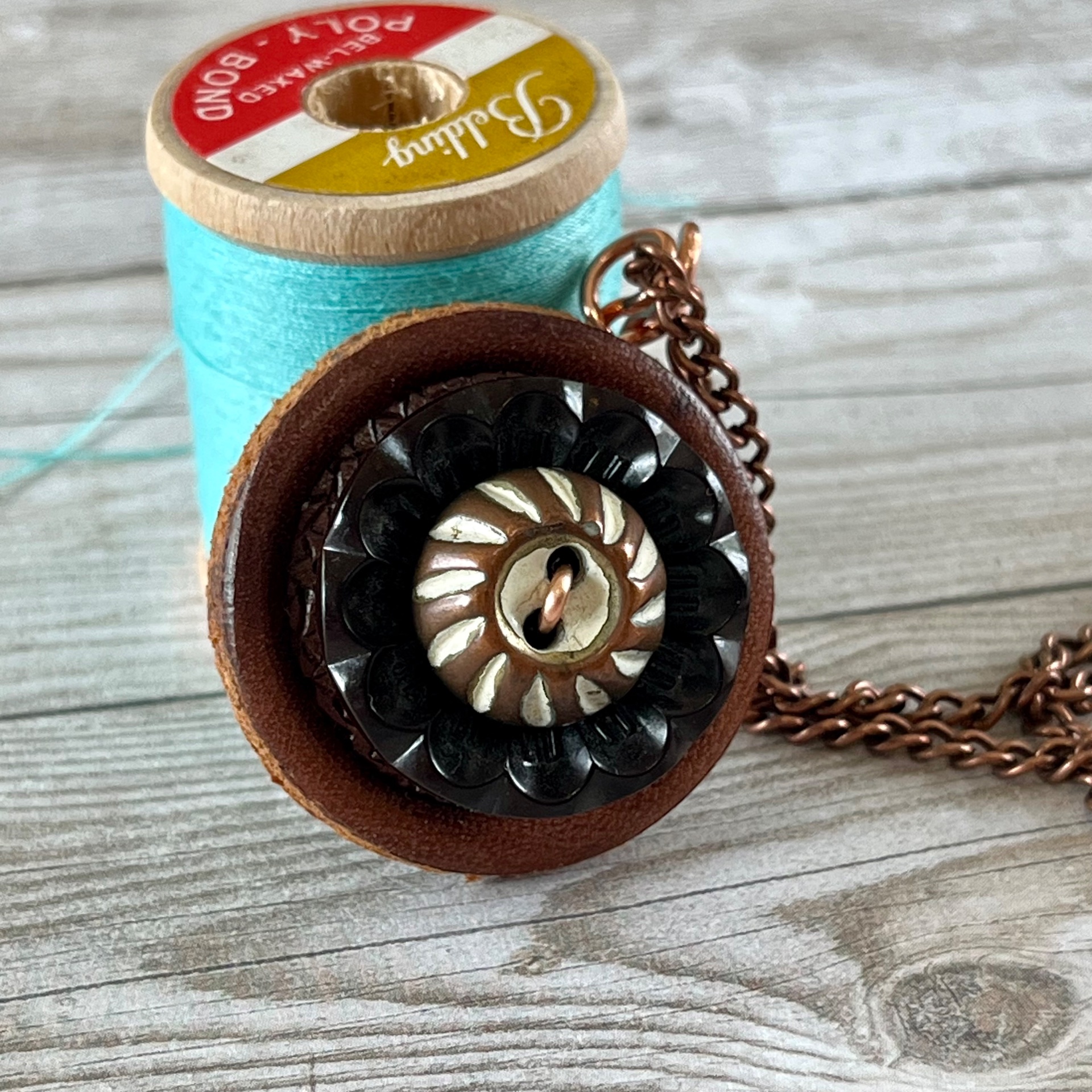 Brown Stacked Vintage Button Pendant Necklace - thumbnail 4 of 7