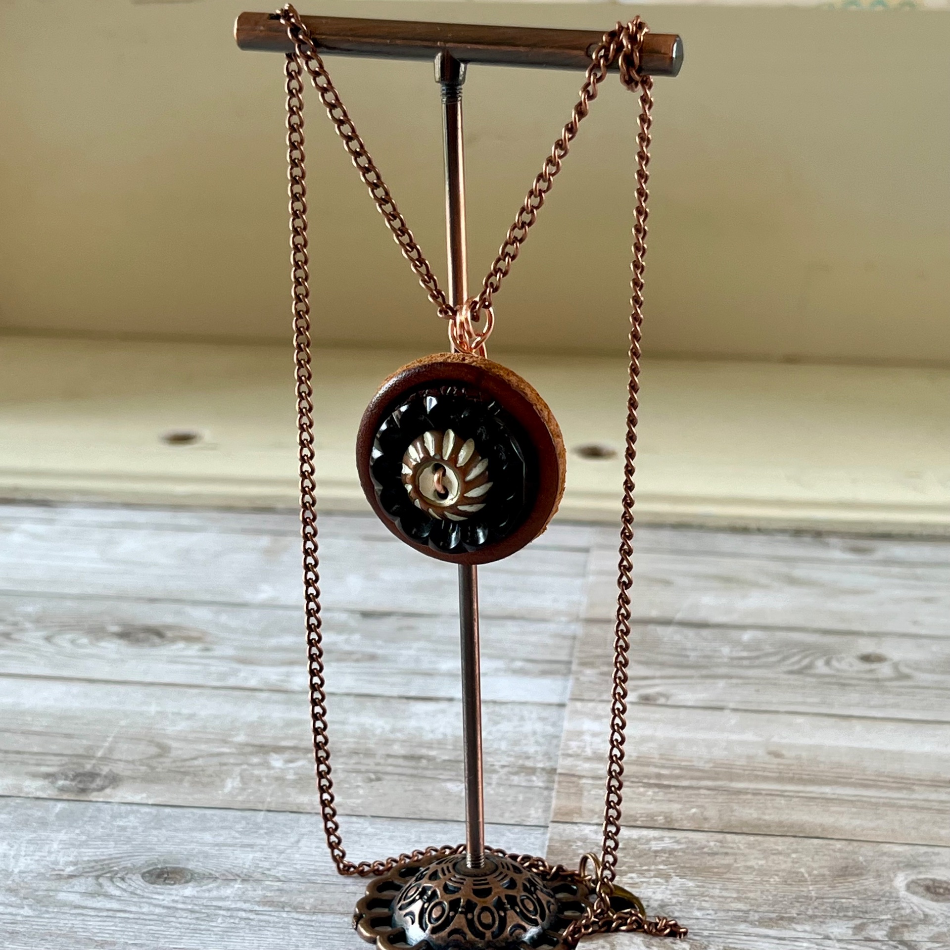 Brown Stacked Vintage Button Pendant Necklace - thumbnail 3 of 7