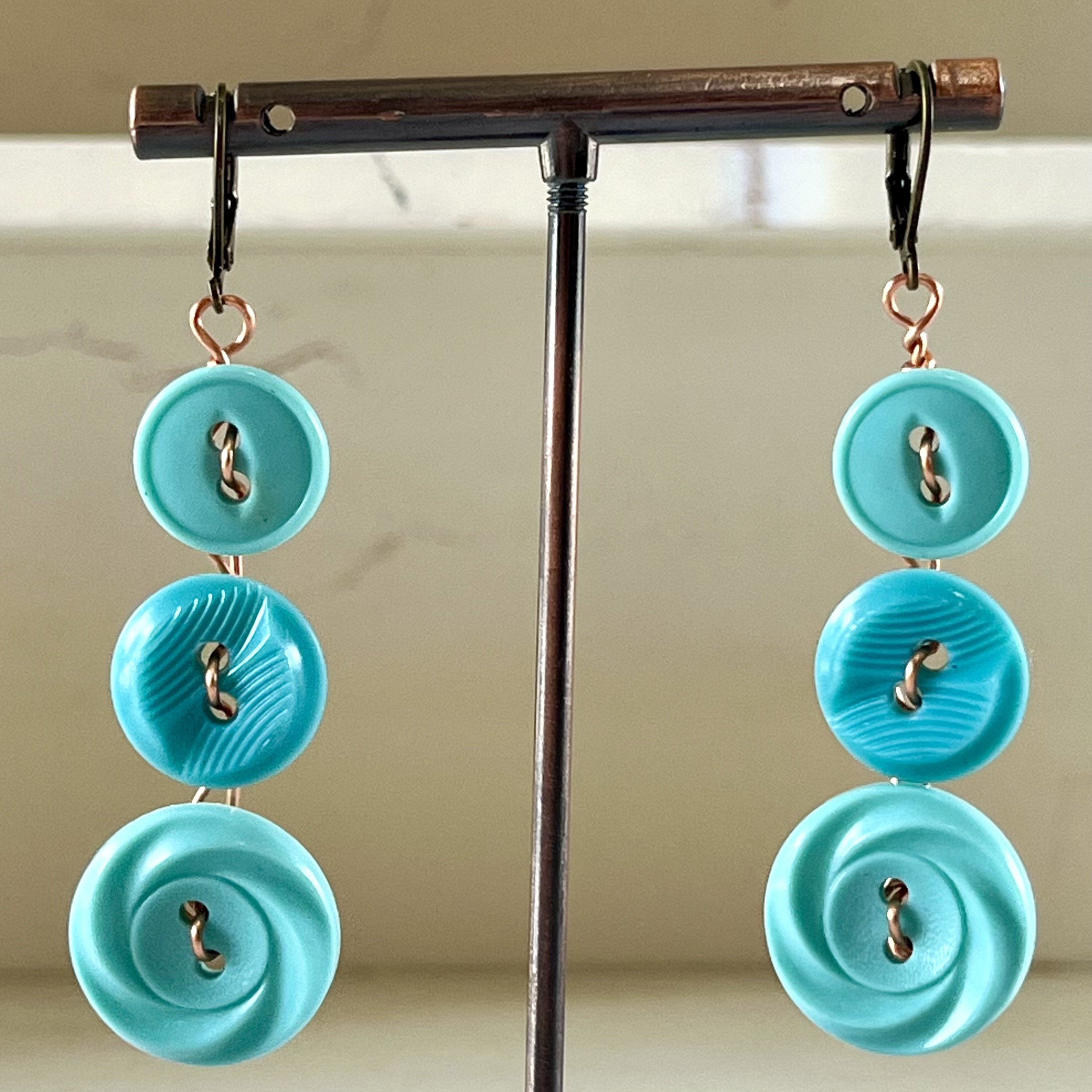 Aqua Dangle Vintage Button Earrings  - thumbnail 2 of 8