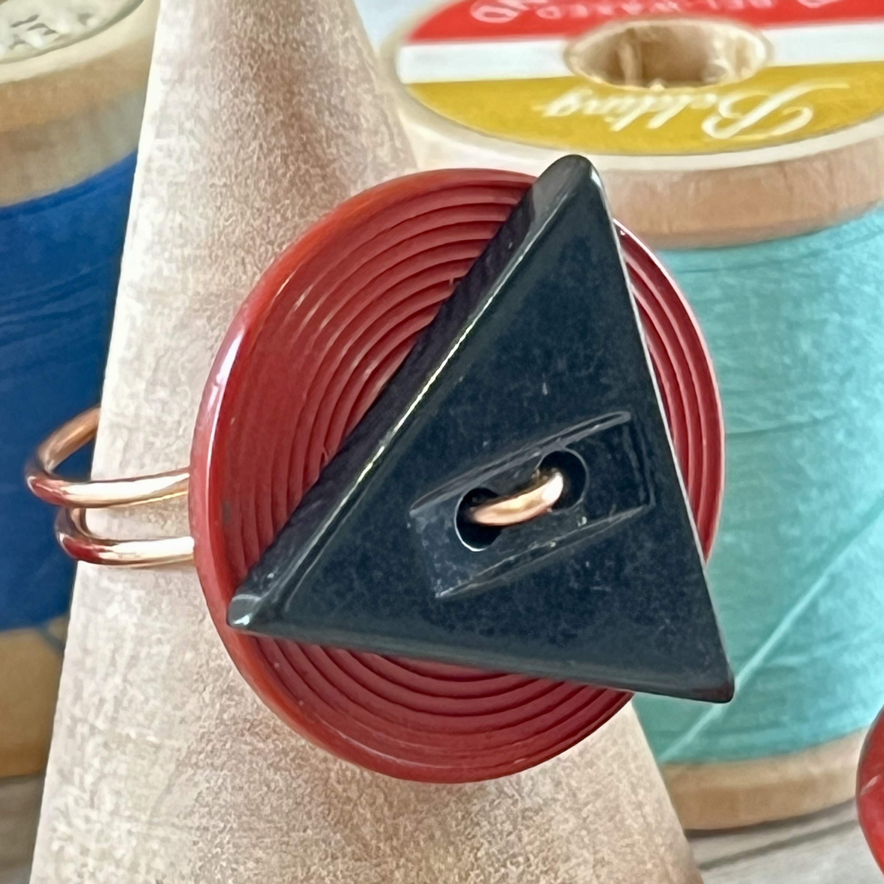 Rust and Black Triangle Stacked Vintage Button Ring size 7 or custom sizing available 