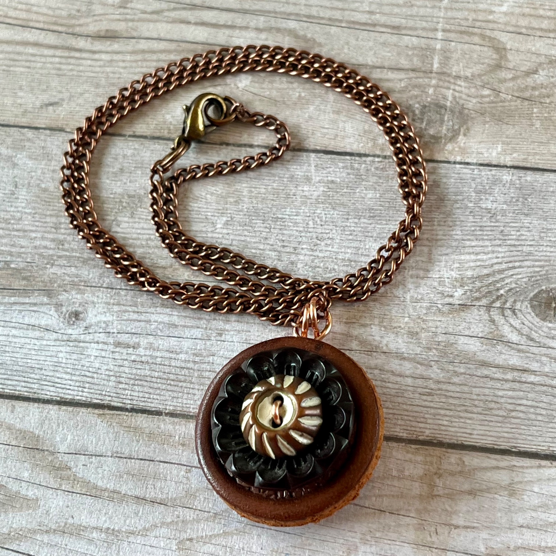 Brown Stacked Vintage Button Pendant Necklace - thumbnail 2 of 7