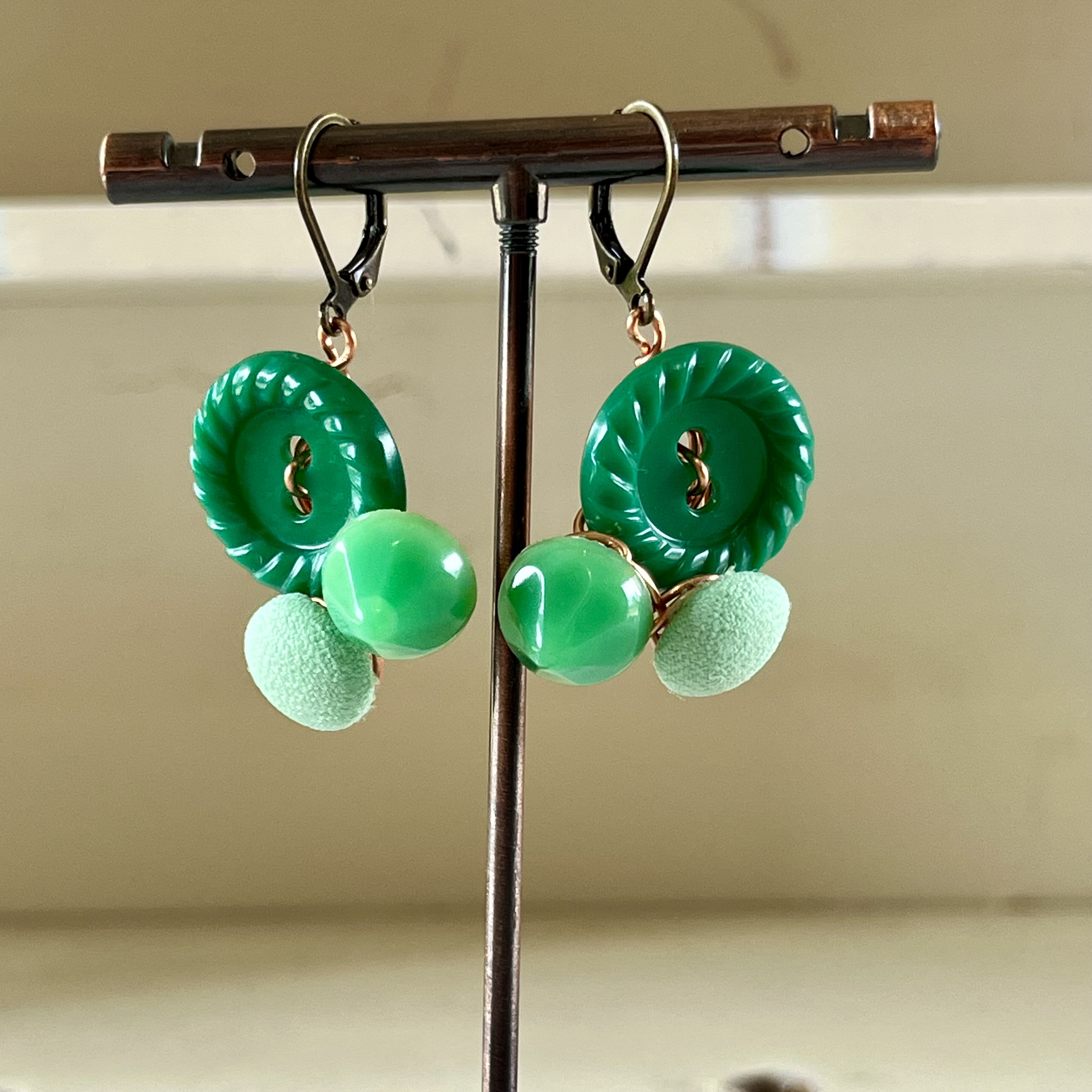 Green Cluster Vintage Button Earrings  - thumbnail 3 of 8