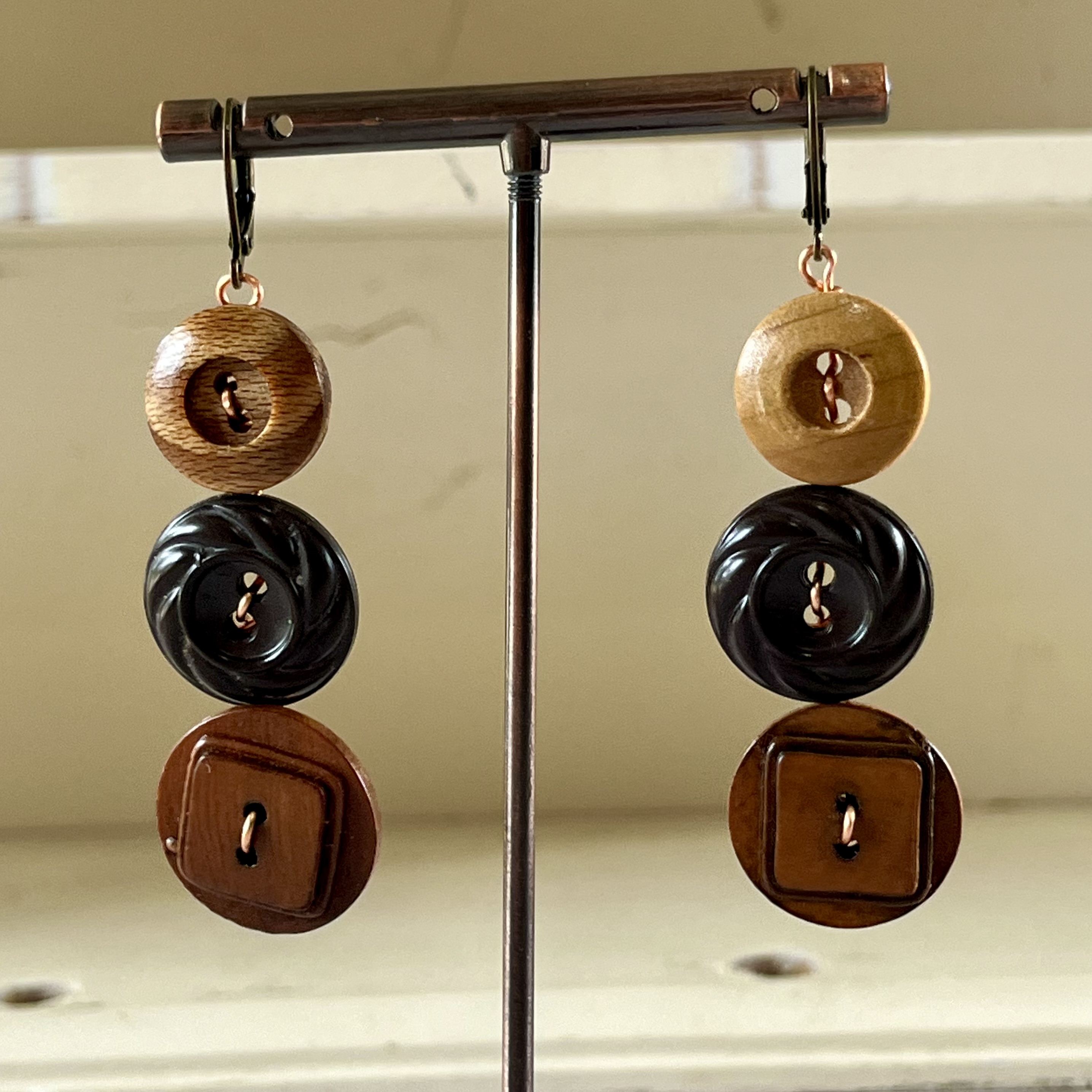 Brown Dangle Vintage Button Earrings  - thumbnail 2 of 6
