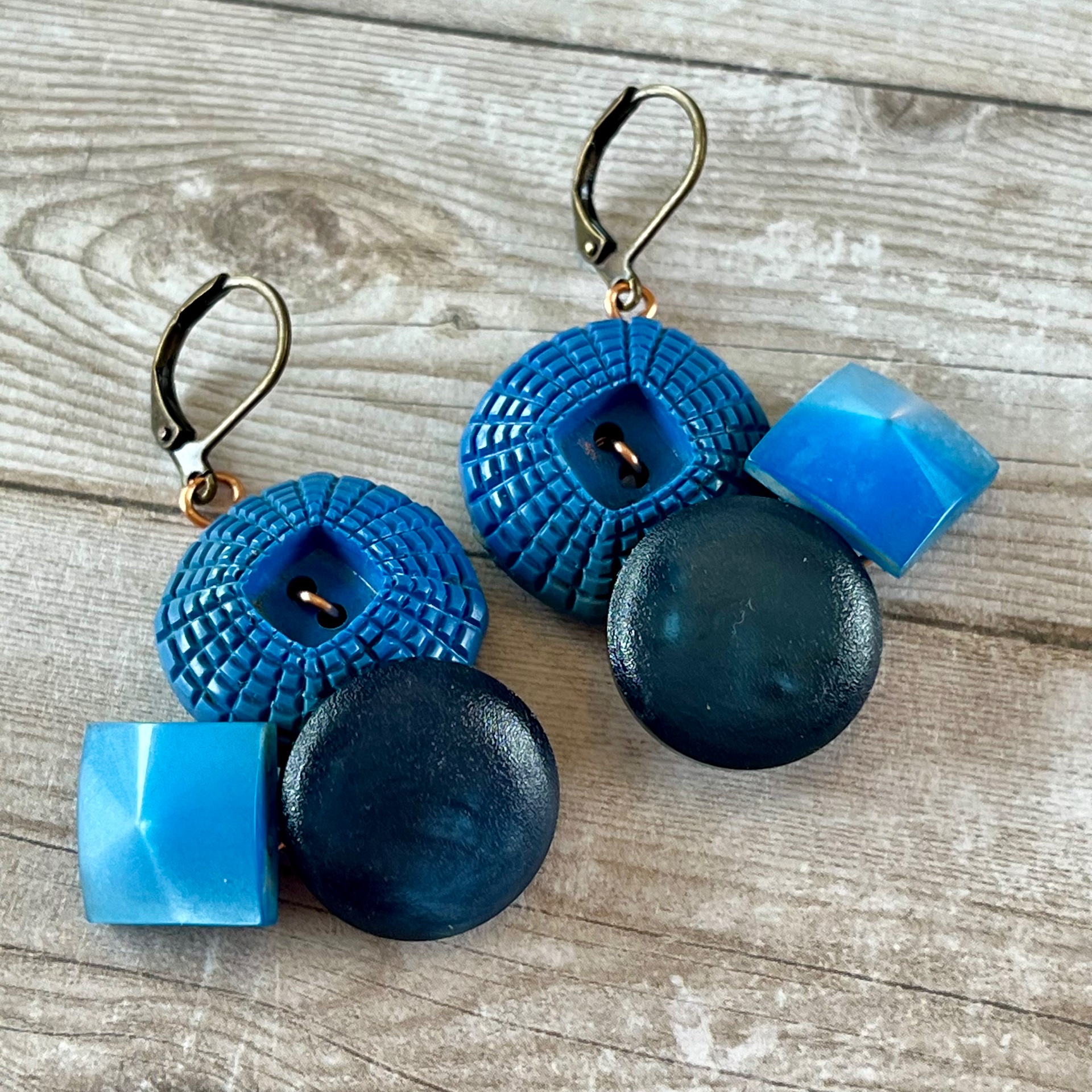 Blue Cluster Vintage Button Earrings 