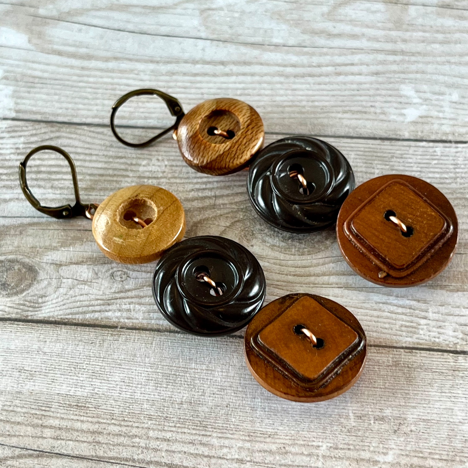 Brown Dangle Vintage Button Earrings  - thumbnail 3 of 6