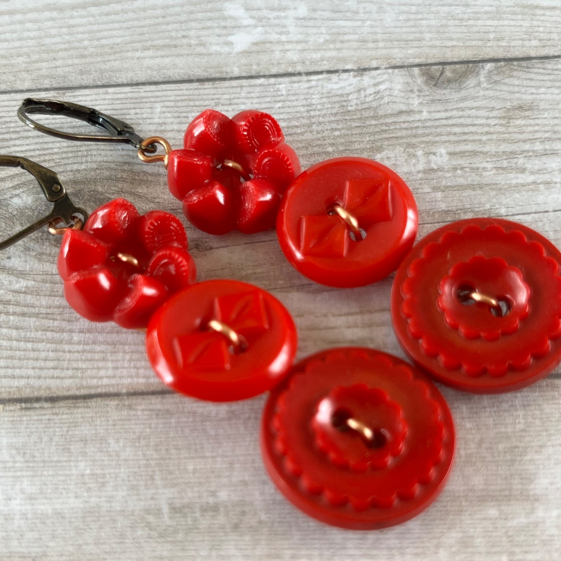 Red Dangle Vintage Button Earrings  - thumbnail 4 of 6