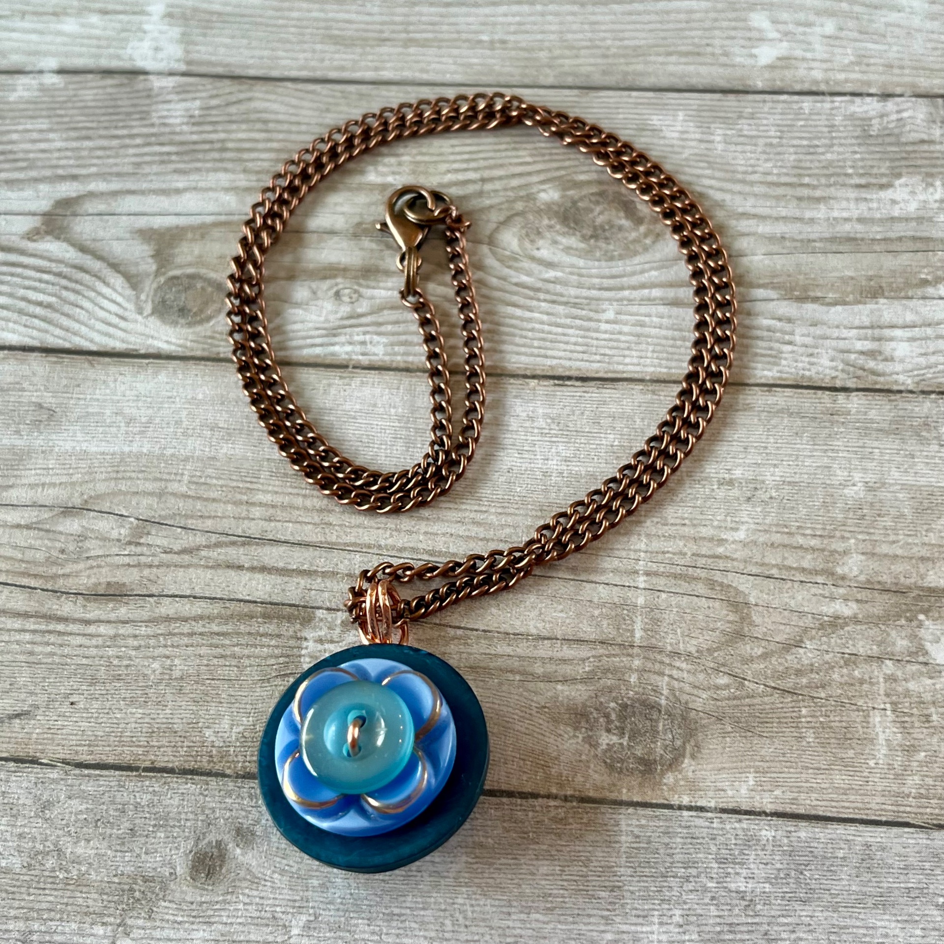 Blue Stacked Vintage Button Pendant Necklace - thumbnail 2 of 6