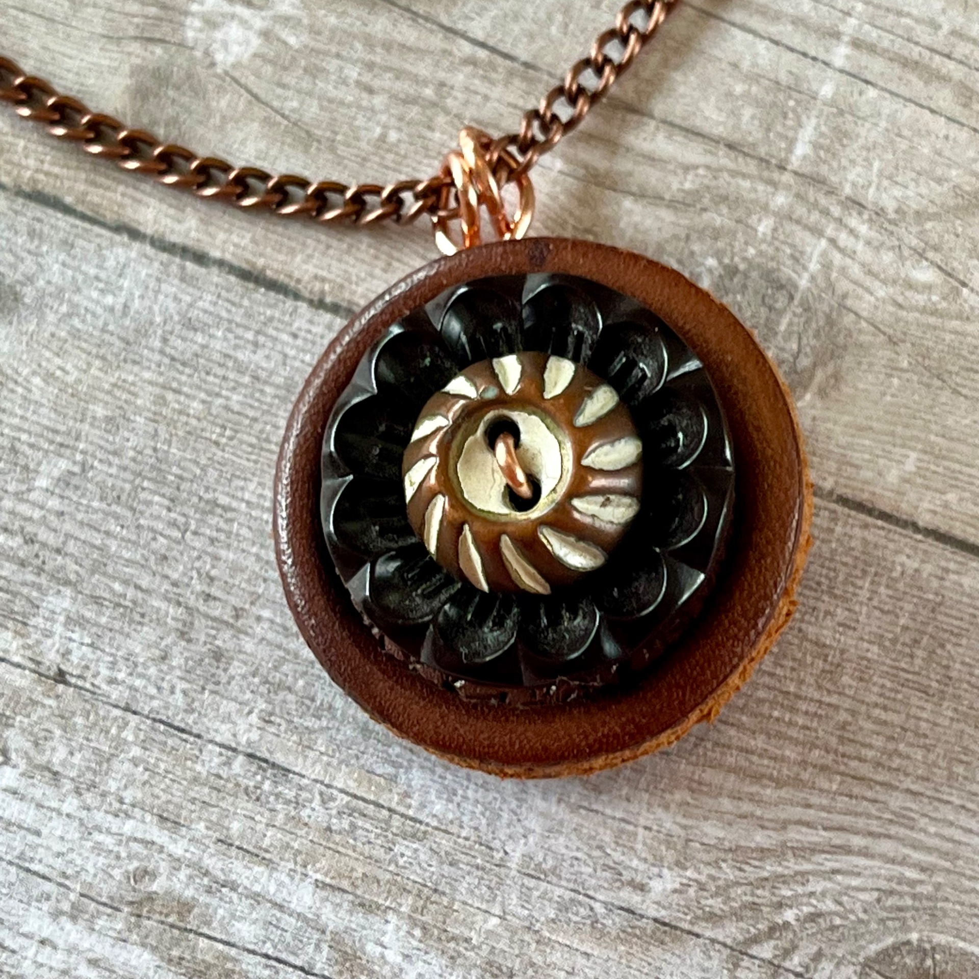 Brown Stacked Vintage Button Pendant Necklace
