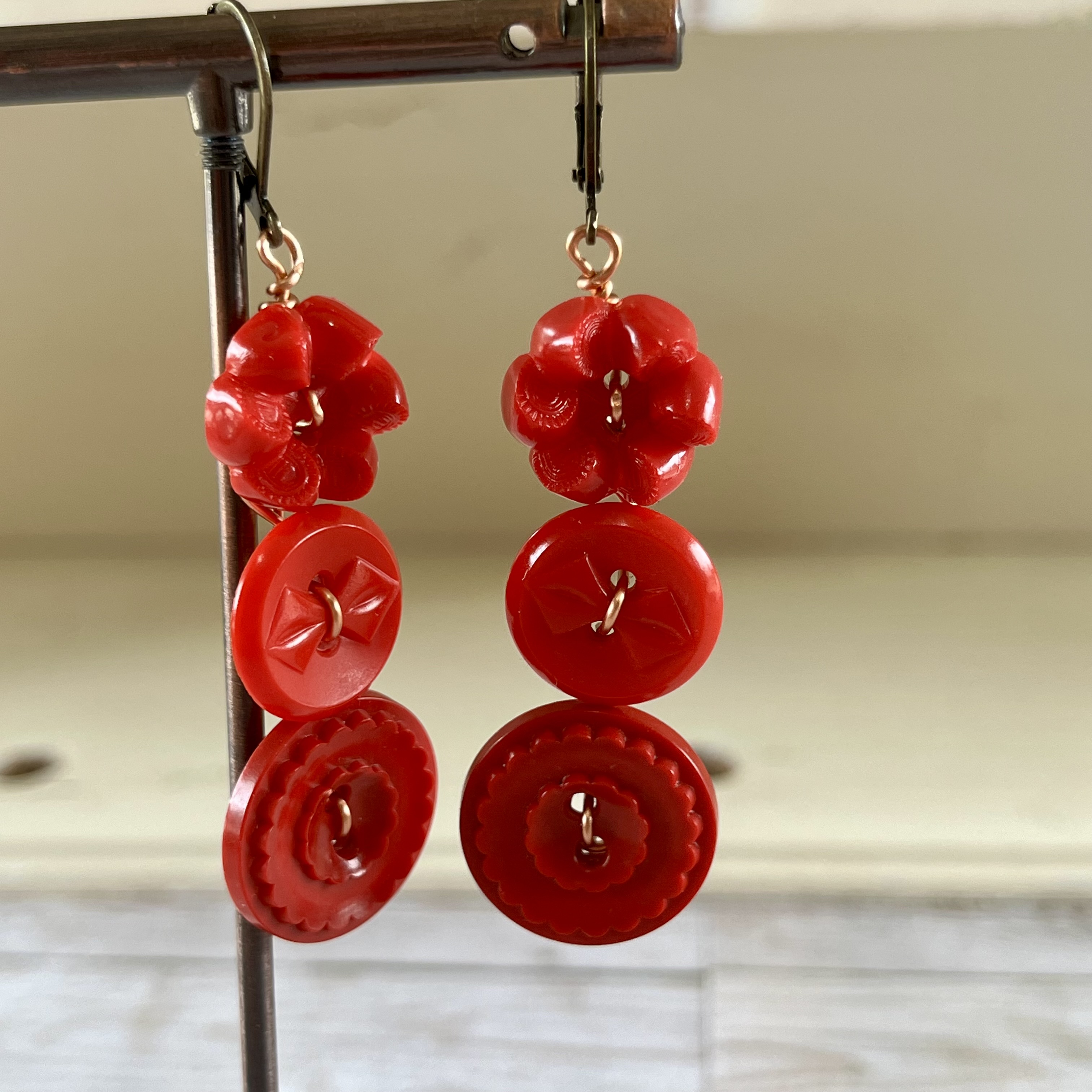 Red Dangle Vintage Button Earrings 