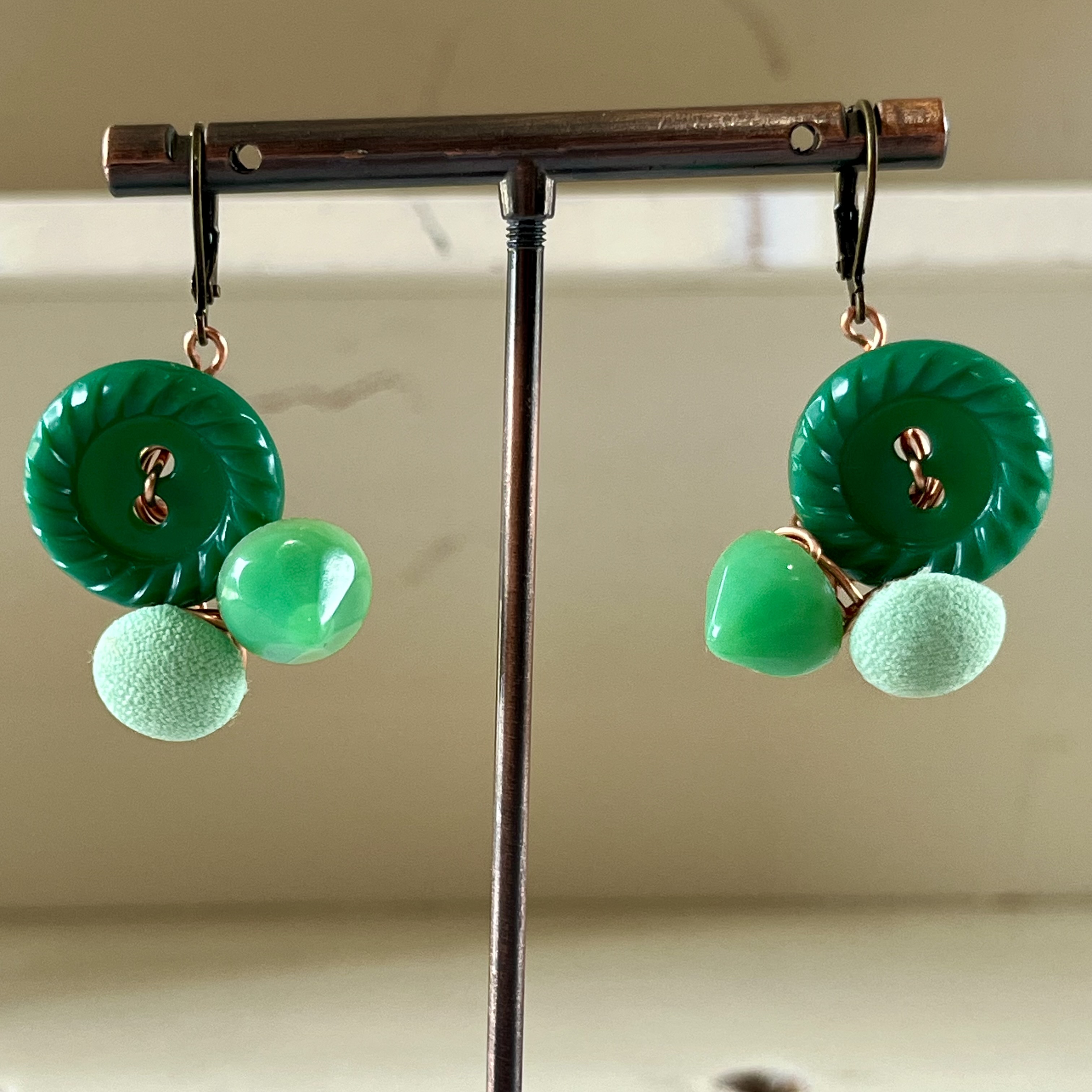 Green Cluster Vintage Button Earrings  - thumbnail 2 of 8