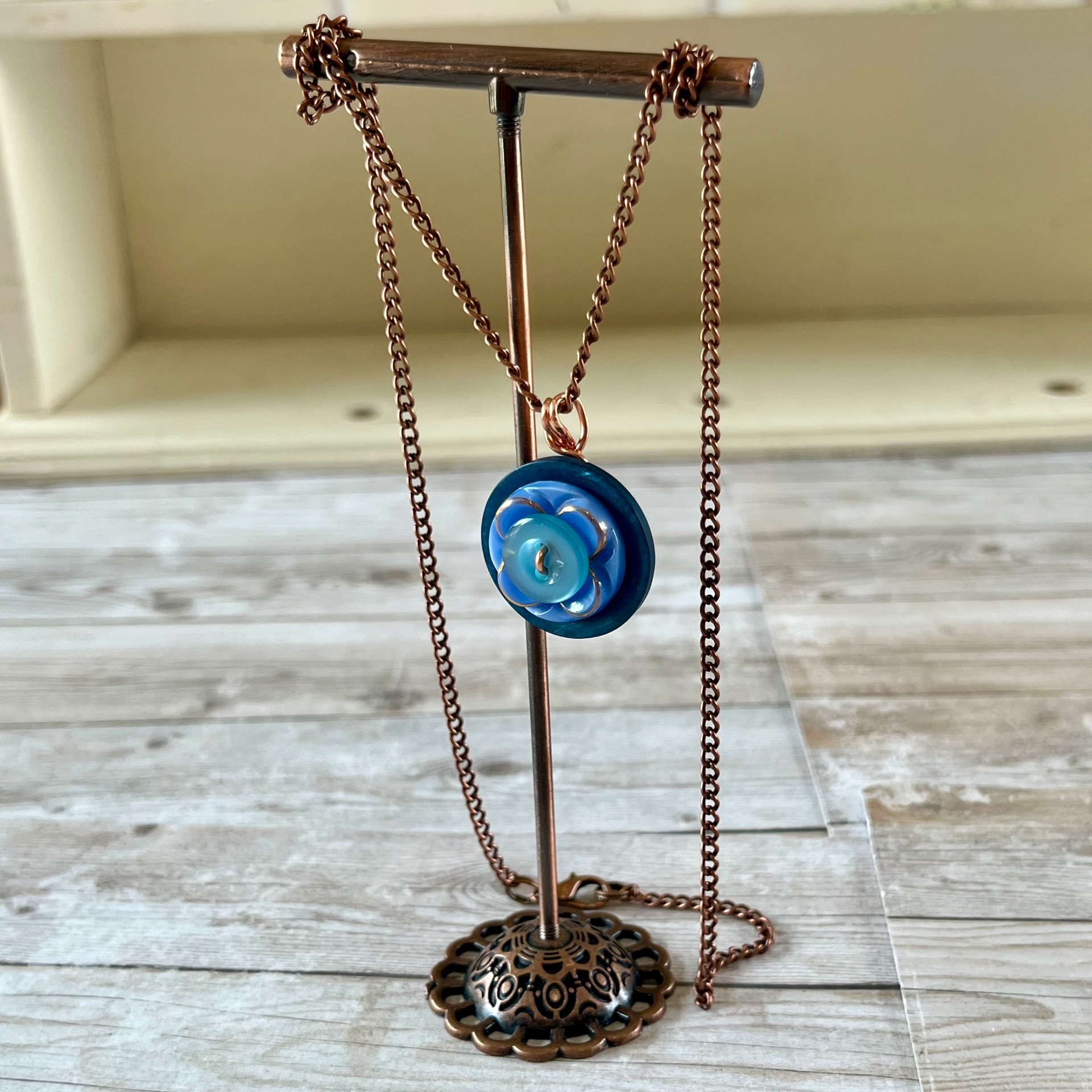 Blue Stacked Vintage Button Pendant Necklace - thumbnail 4 of 6