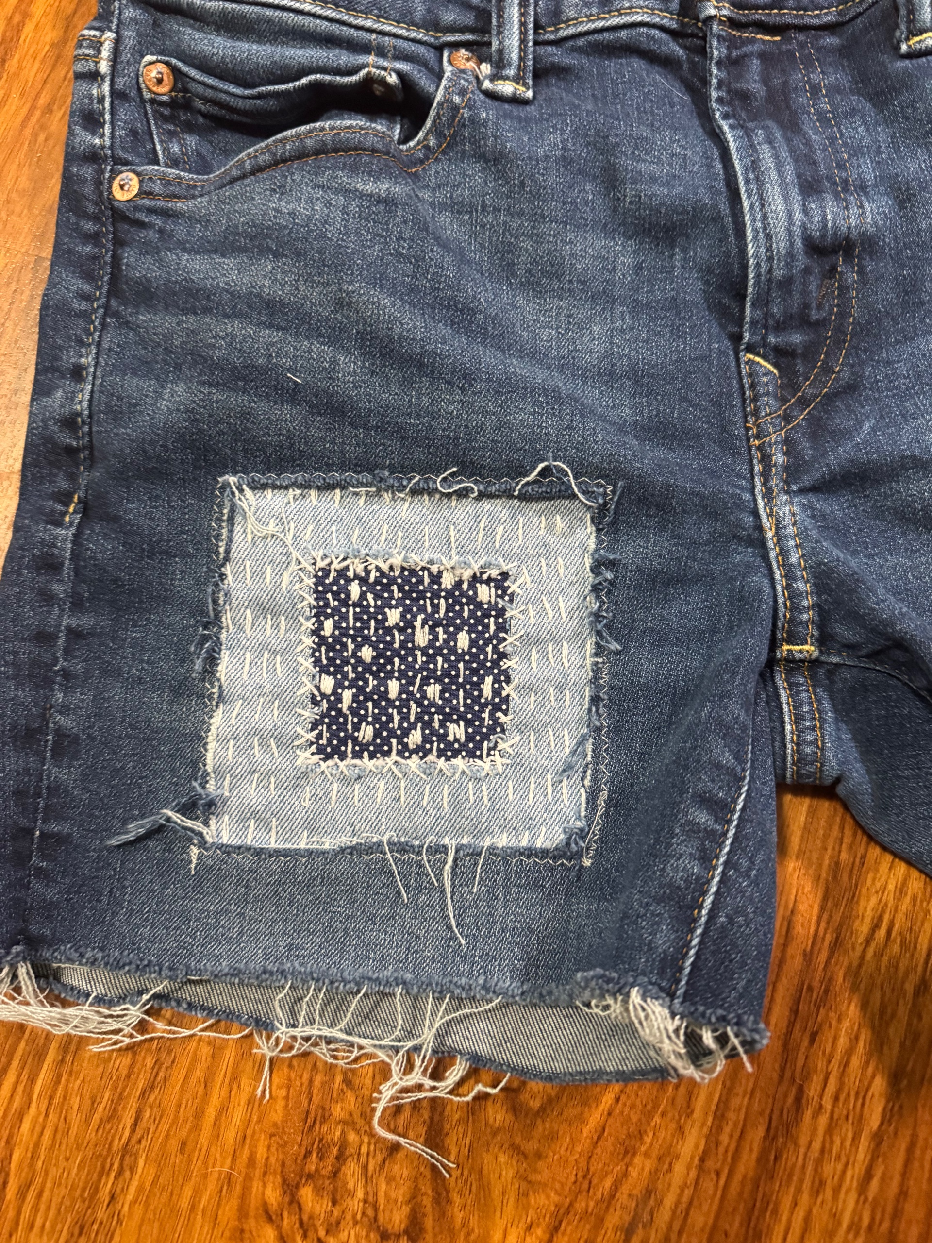 Upcycled denim cutoffs with Sashiko stitching  - thumbnail 2 of 4