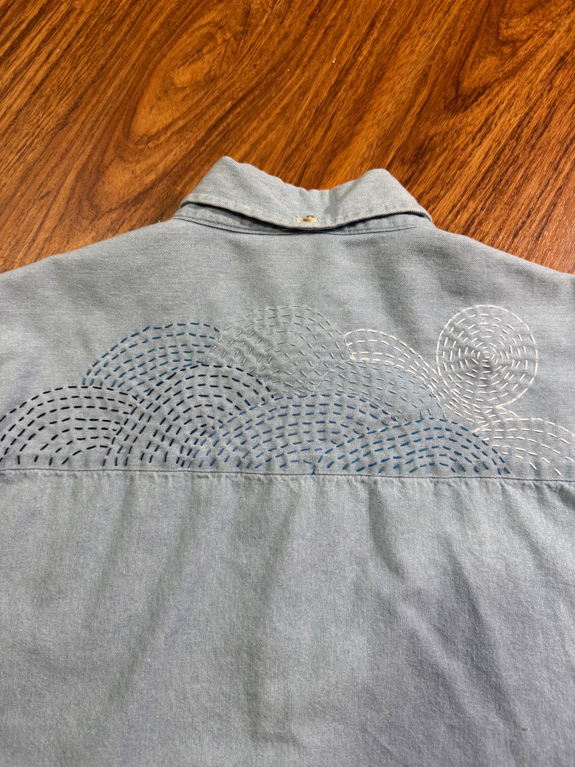 Denim shirt with Sashiko embroidery front and back