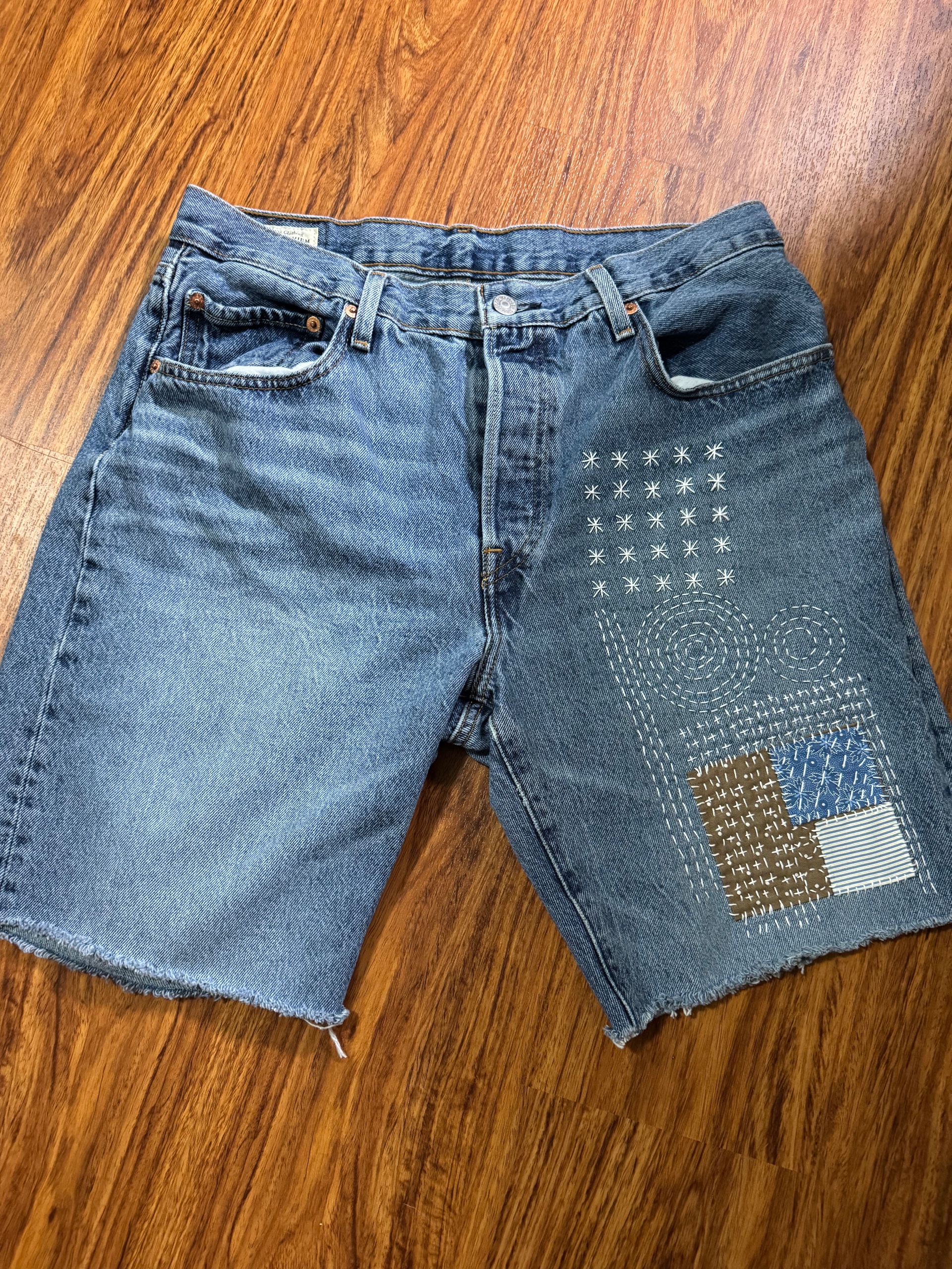 SALE! Upcycled Sashiko/Boro embroidered Jean shorts 