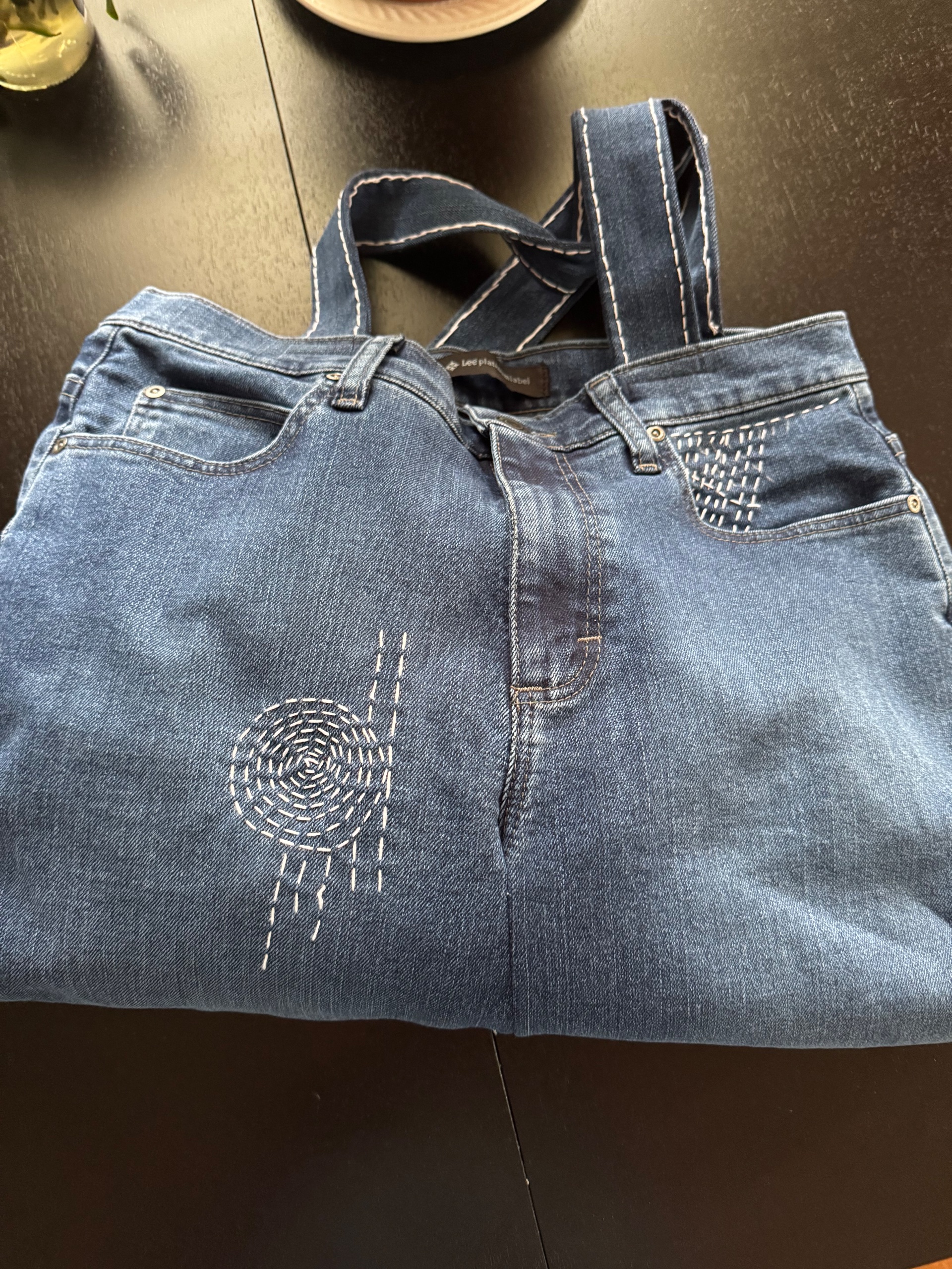 Upcycled large tote with  Sashiko embroidery 