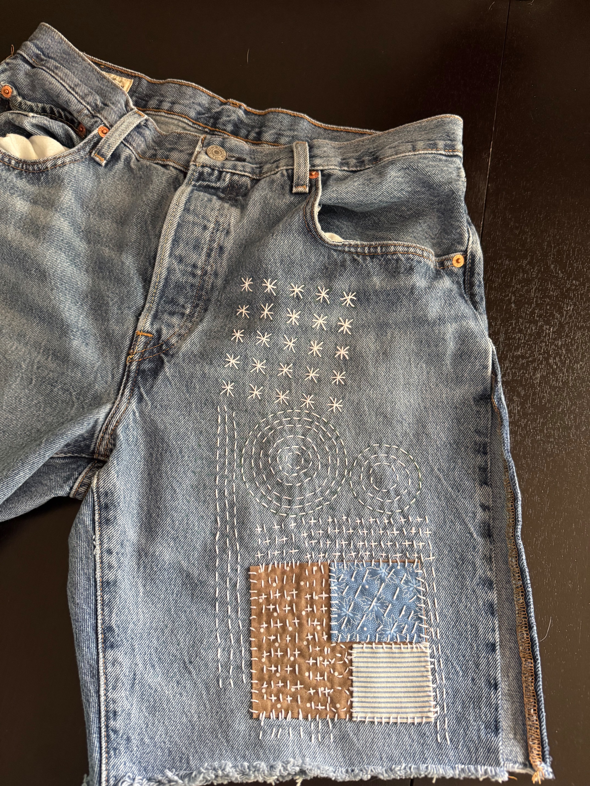 SALE! Upcycled Sashiko/Boro embroidered Jean shorts  - thumbnail 2 of 5