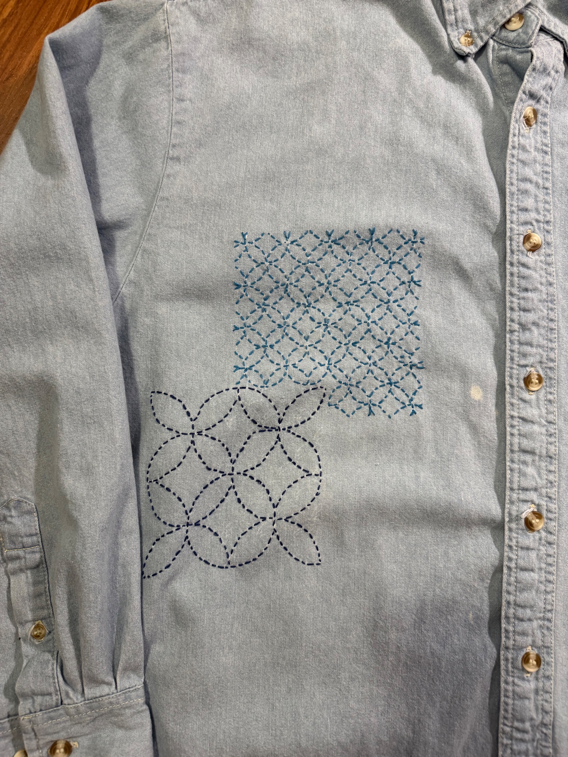 Denim shirt with Sashiko embroidery front and back - thumbnail 3 of 4
