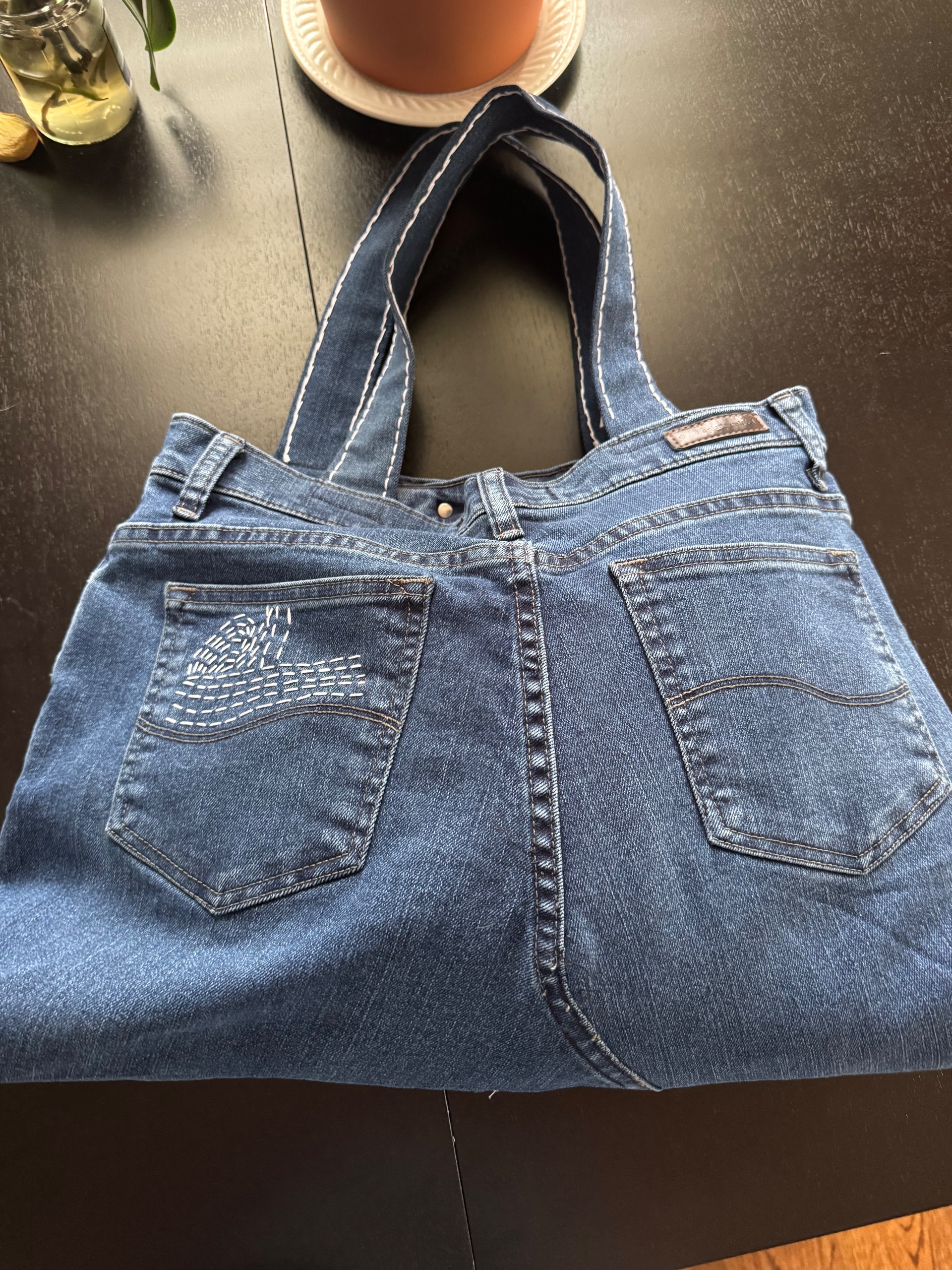 Upcycled large tote with  Sashiko embroidery  - thumbnail 2 of 3