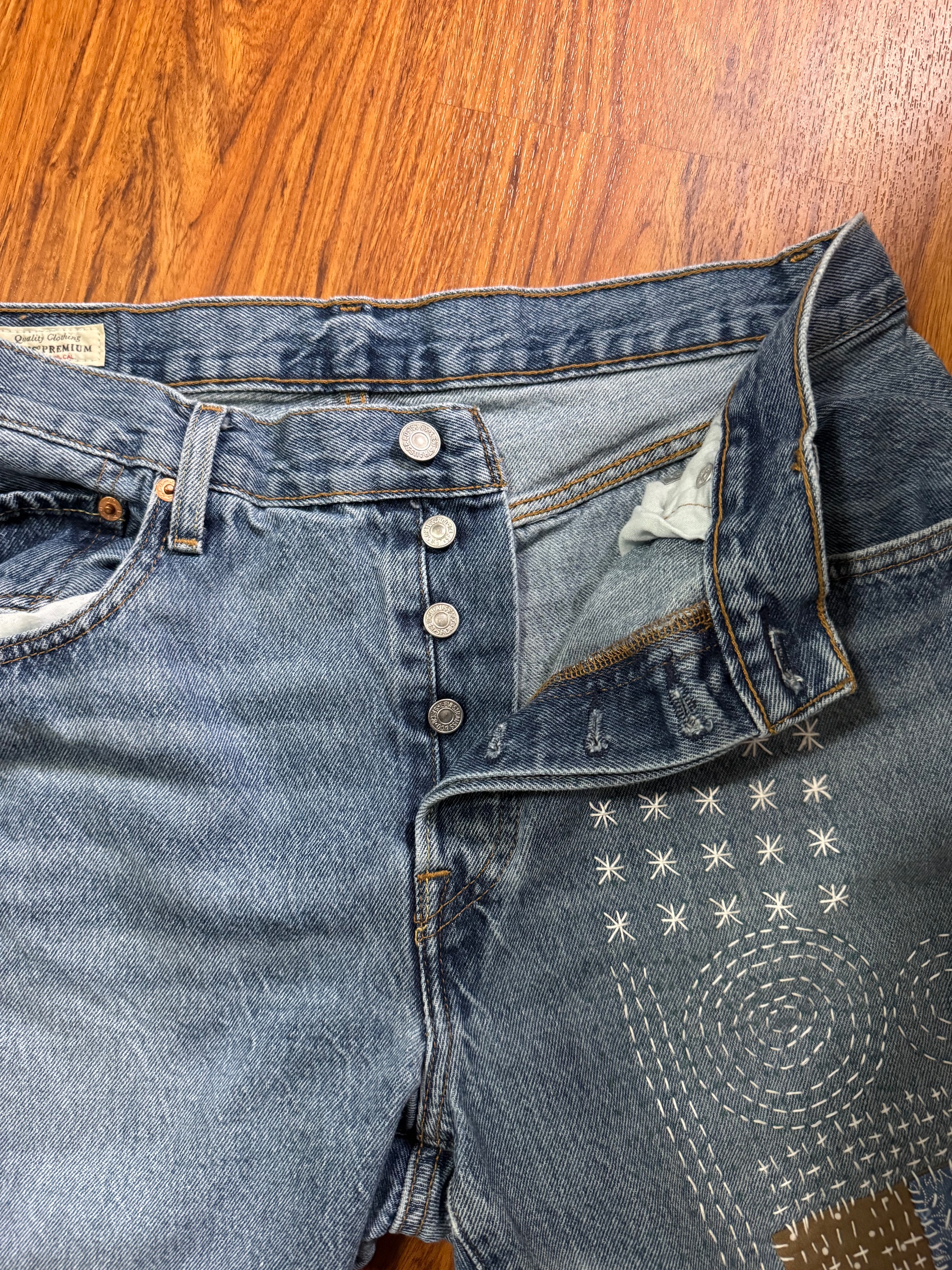 SALE! Upcycled Sashiko/Boro embroidered Jean shorts  - thumbnail 3 of 5