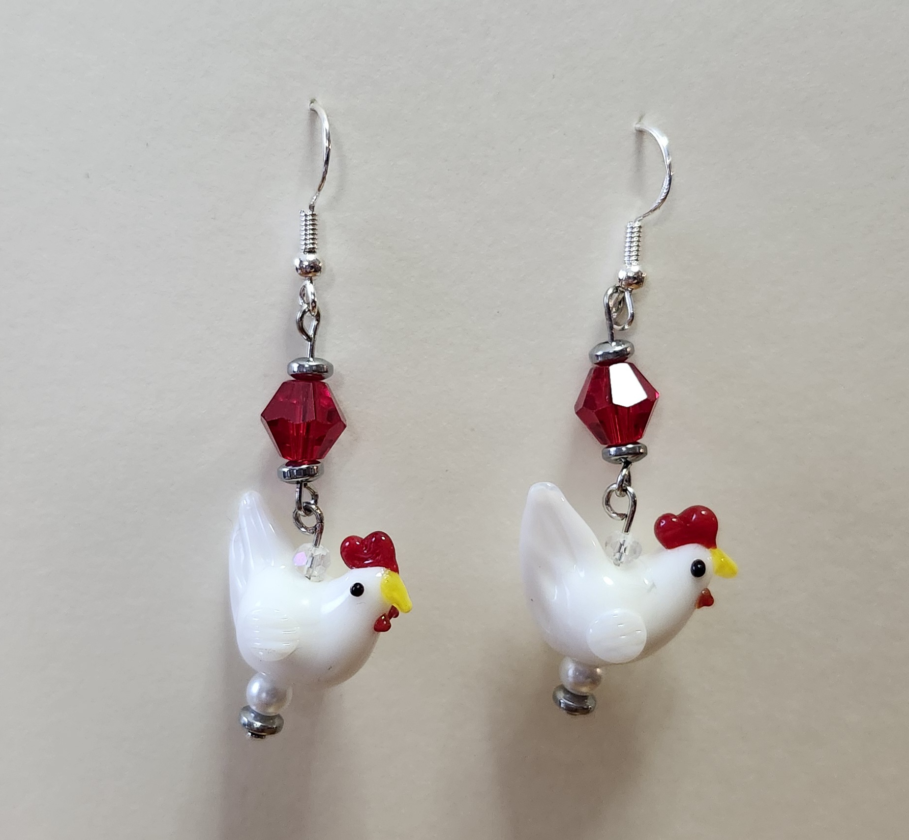 Lampwork Chicken Earrings (red accents)