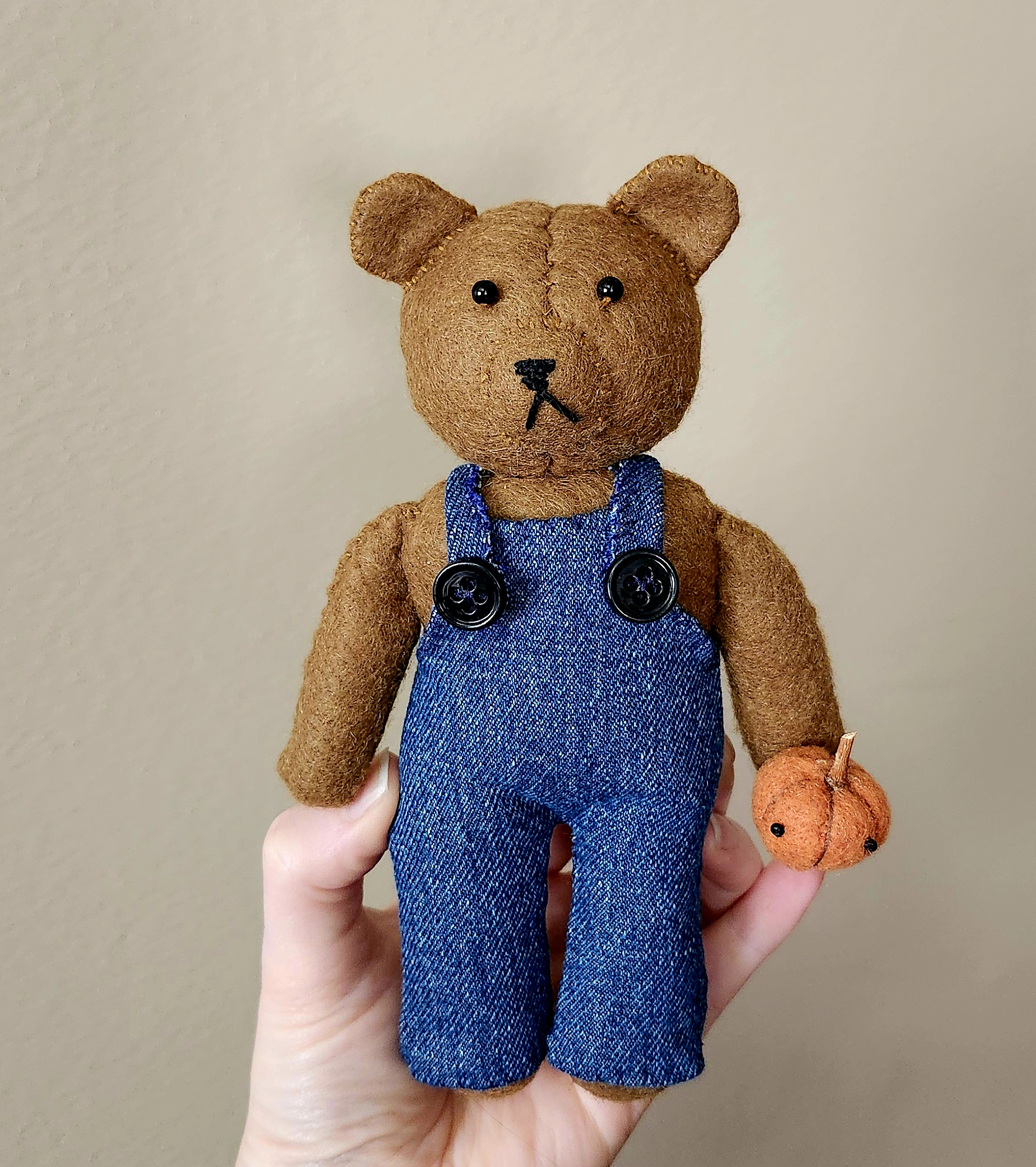 Felt Bear in Overalls Plushie (now with free pumpkin!)