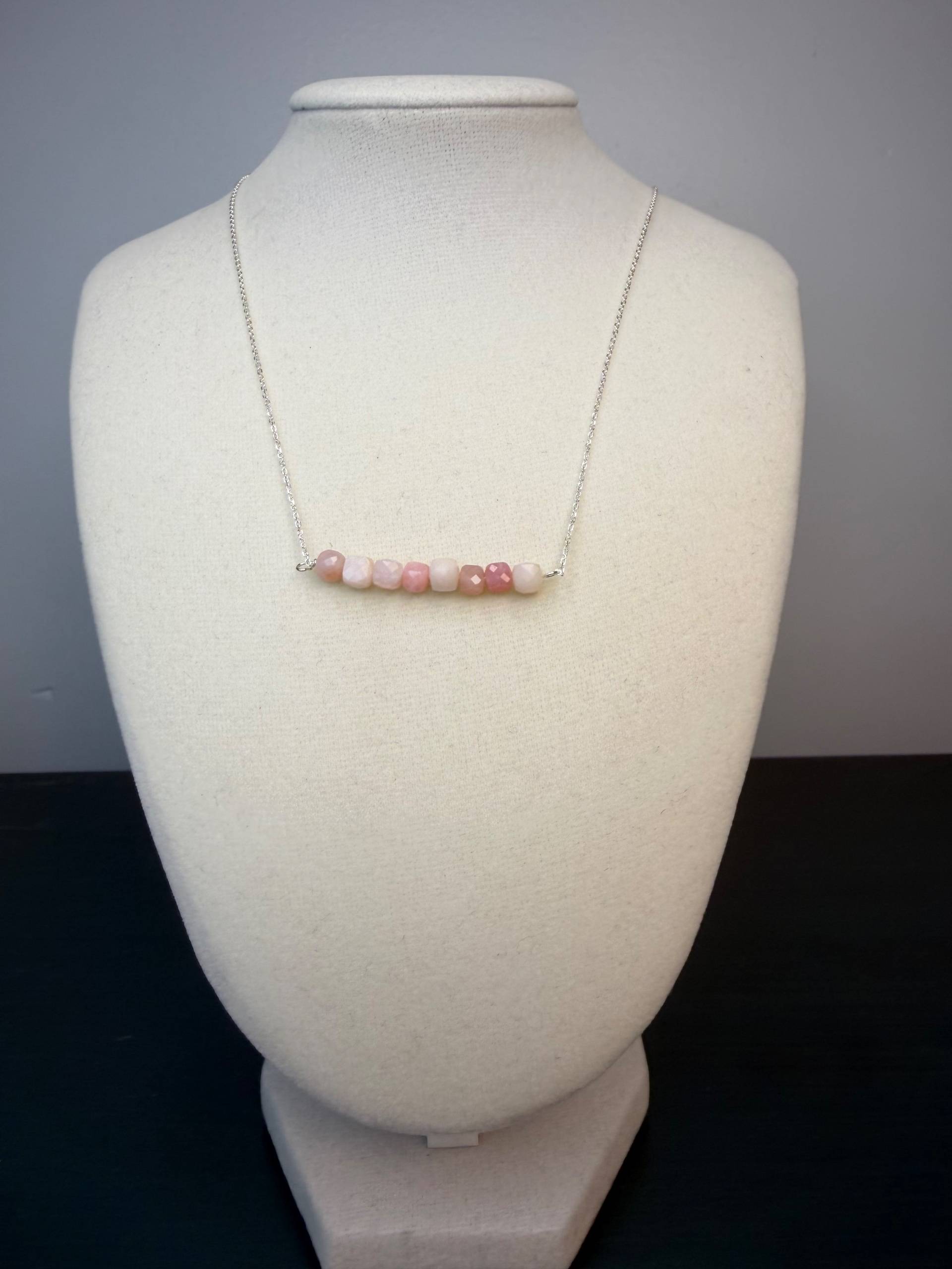 925 Sterling Silver Pink Opal Gemstone Bar Necklace  - thumbnail 2 of 2