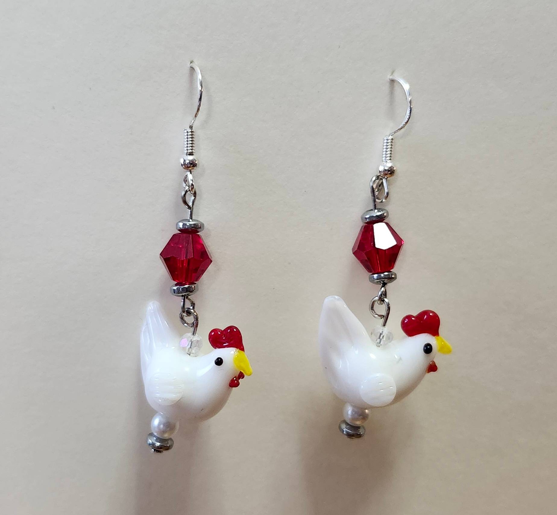 Lampwork Chicken Earrings (red accents)