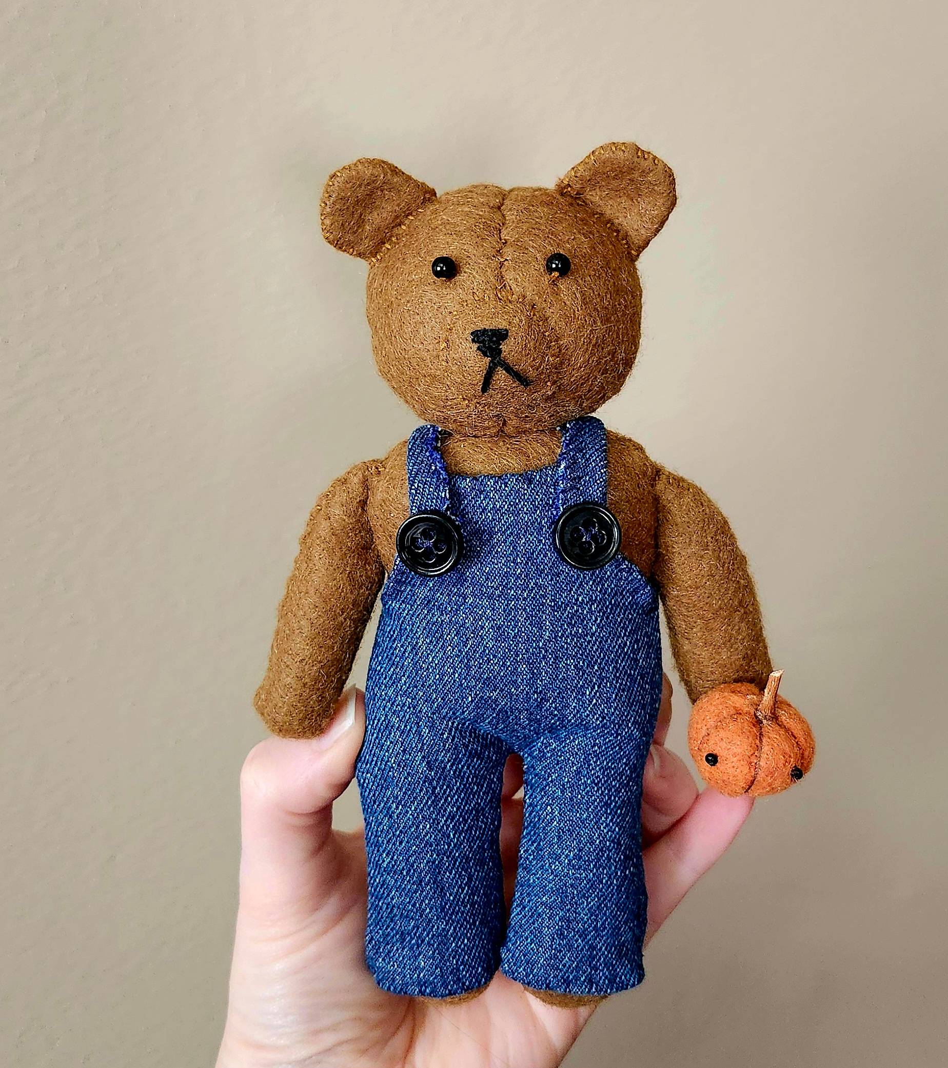 Felt Bear in Overalls Plushie (now with free pumpkin!)