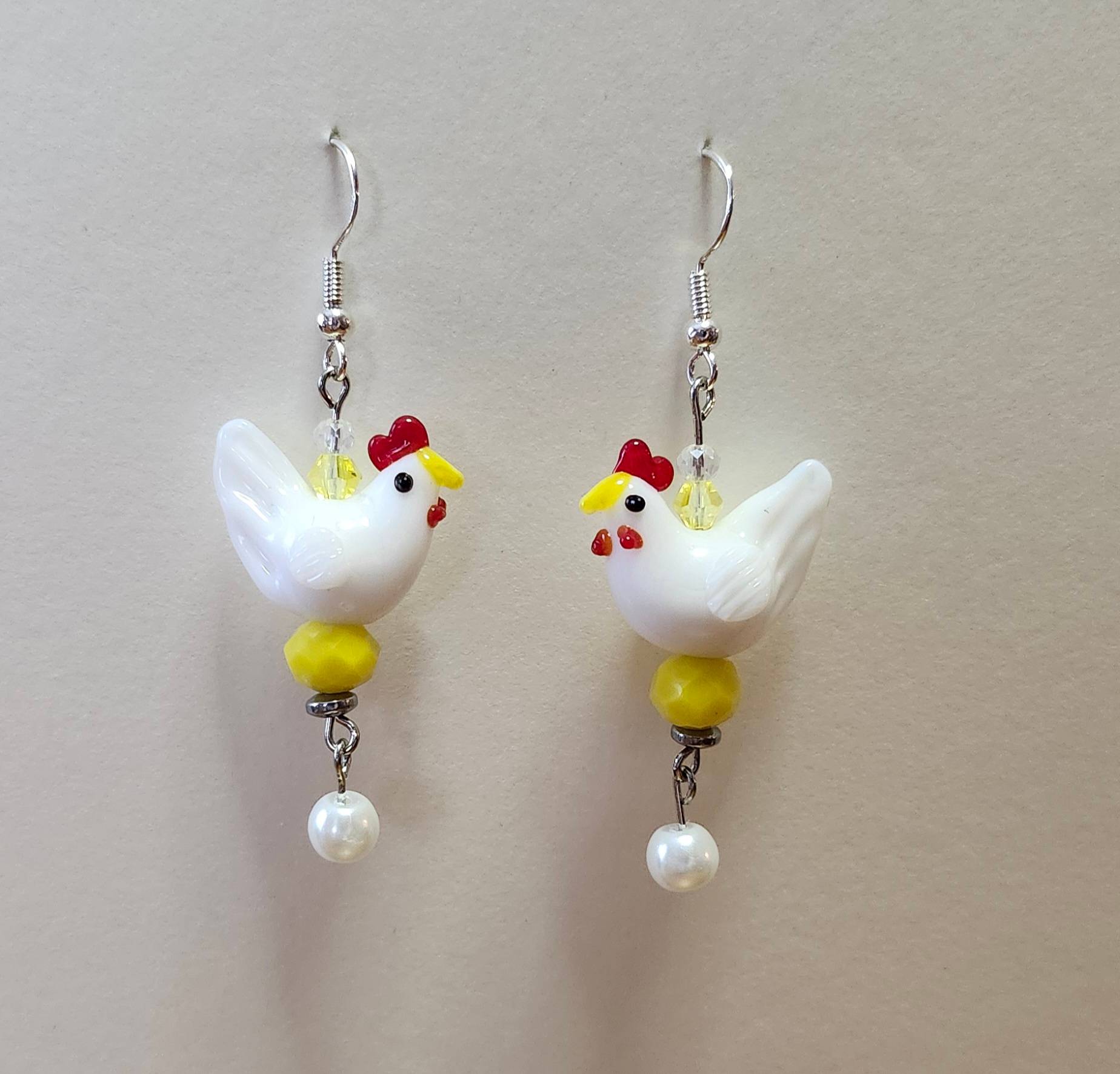 Lampwork Chicken Earrings (yellow accents)